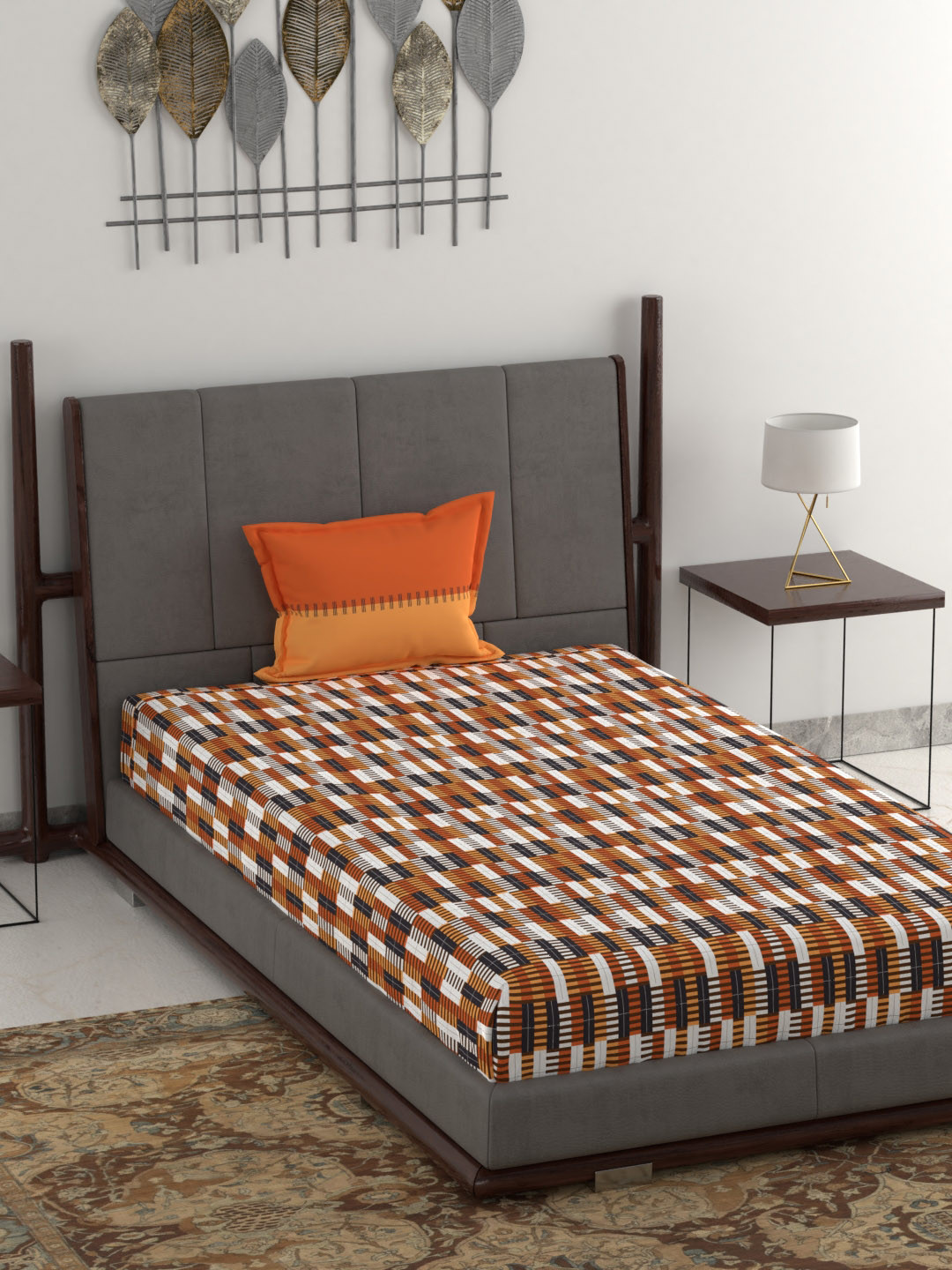 Buy Trident Orange & White Geometric 120 TC Cotton 1 Single Bedsheet