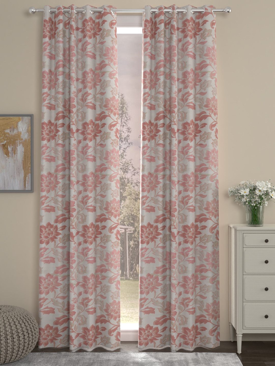 Buy ROSARA HOME Off White & Red Set Of 2 Long Door Curtains Curtains