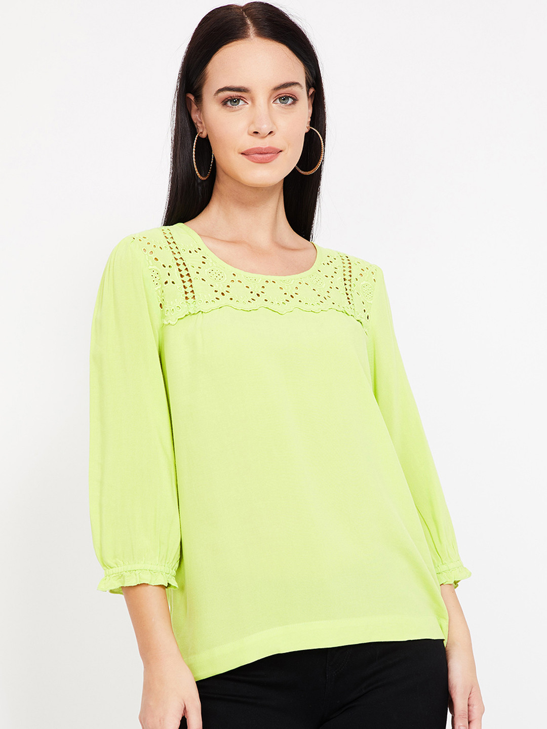 Buy CODE By Lifestyle Women Lime Green Self Design Top Tops for Women