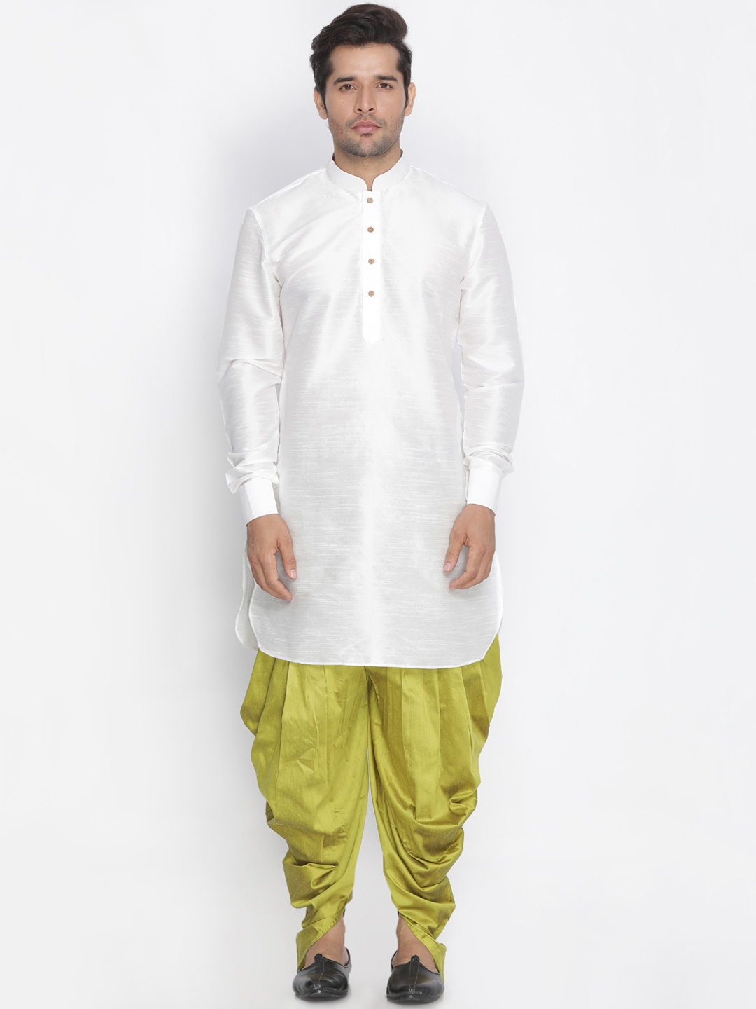 Buy VASTRAMAY Men White & Lime Green Solid Kurta With Dhoti Pants ...