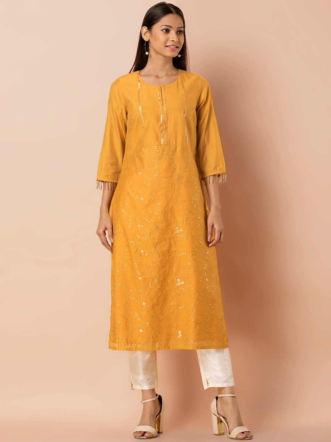 Buy INDYA Women Mustard Yellow Embellished Straight Kurta Kurtas for Women 11970436 Myntra