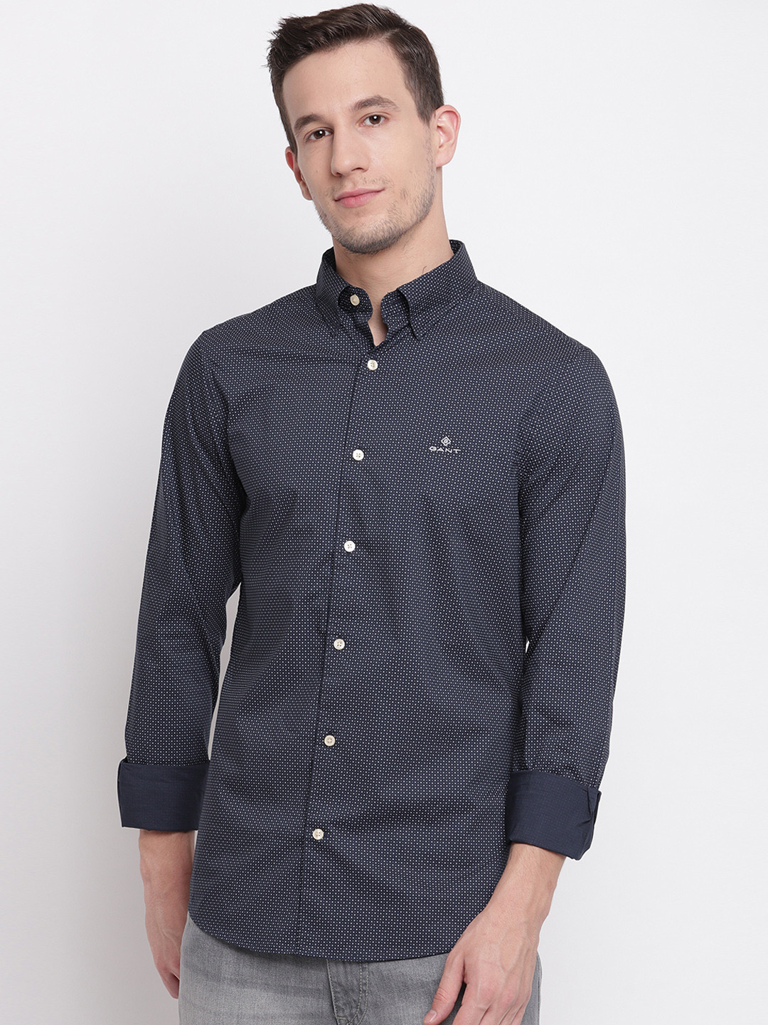 Gant Men Navy Blue Regular Fit Seersucker Shirt