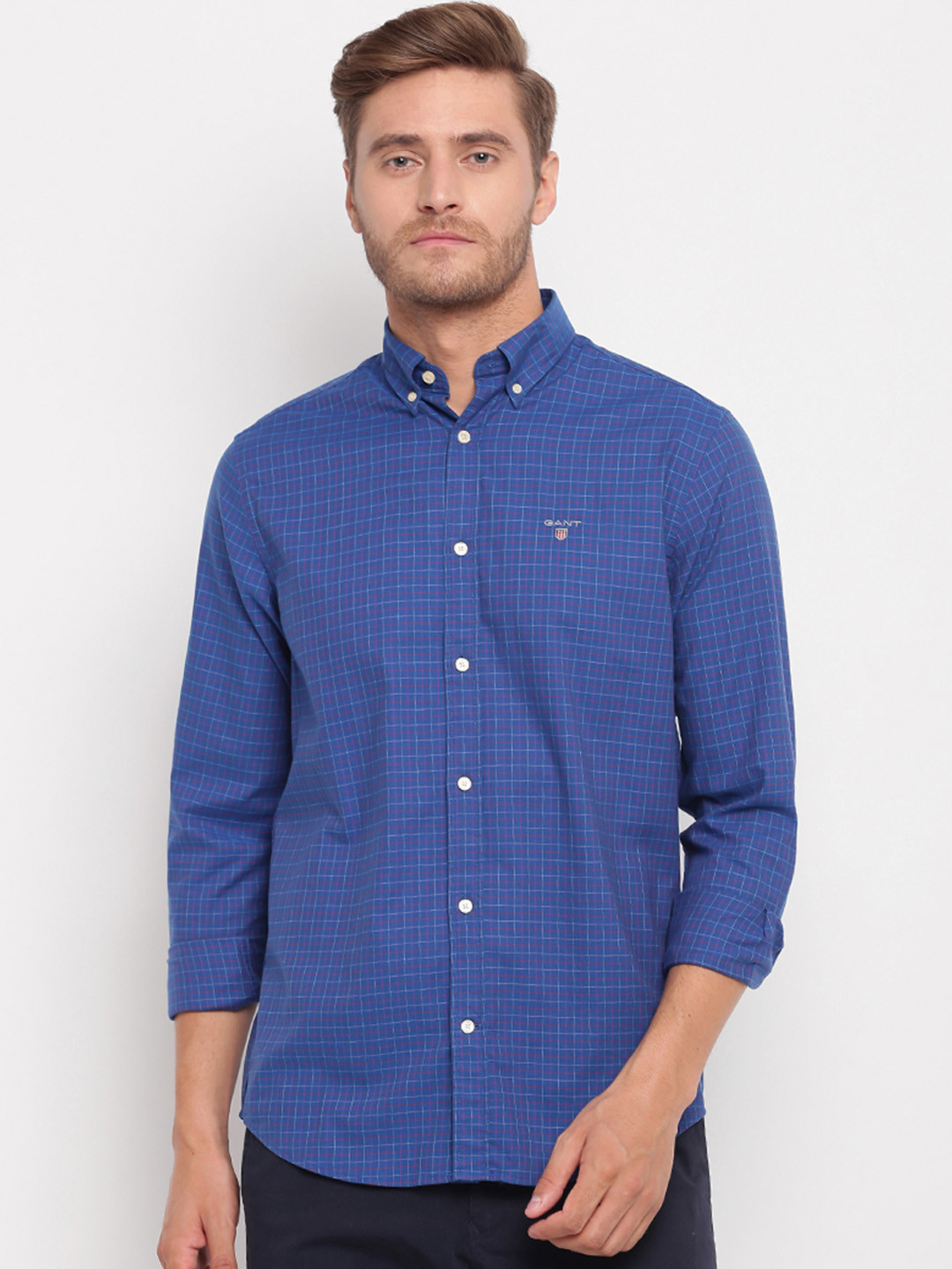Gant Men Blue Regular Fit Checked Linen Shirt