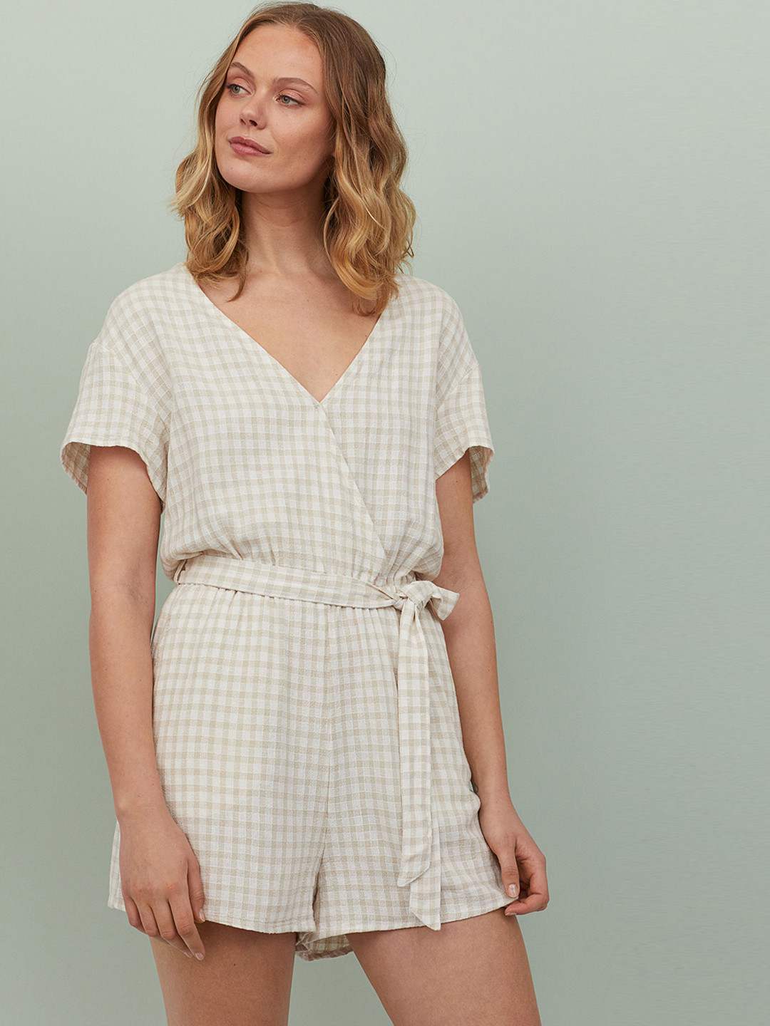 Buy H&M Women Beige Checked Linen Blend Playsuit Jumpsuit for Women