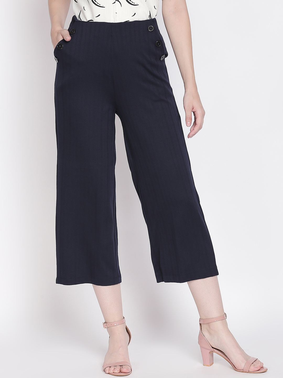 Buy Annabelle By Pantaloons Women Navy Blue Regular Fit Solid Culottes ...