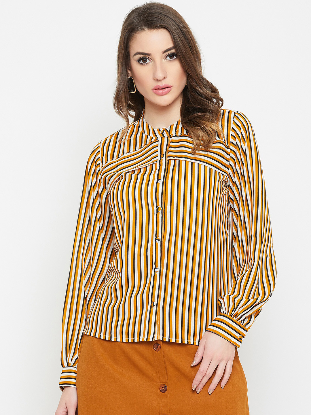Buy Carlton London Women Mustard & White Regular Fit Striped Casual