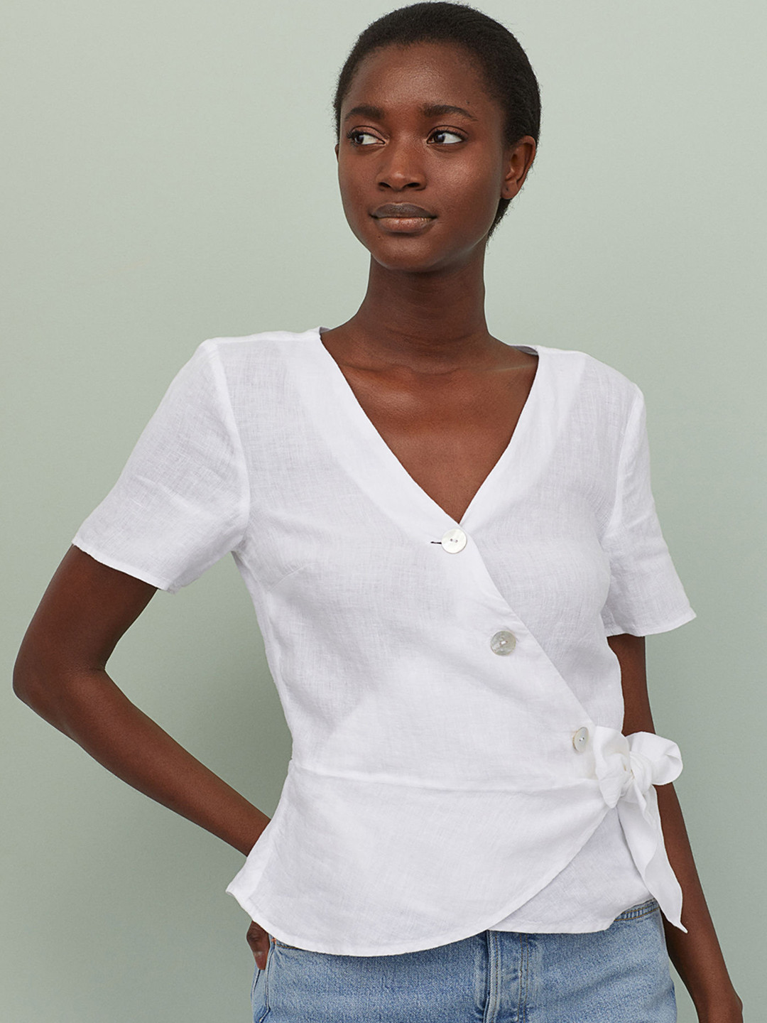 Buy H&M Women White Linen Wrapover Blouse Tops for Women 11910954
