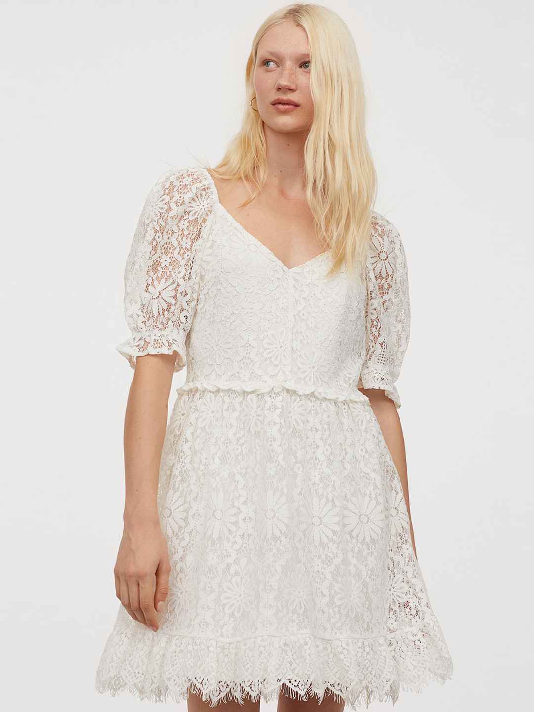 Buy H&M Women White Self Design Short Lace Dress Dresses for Women