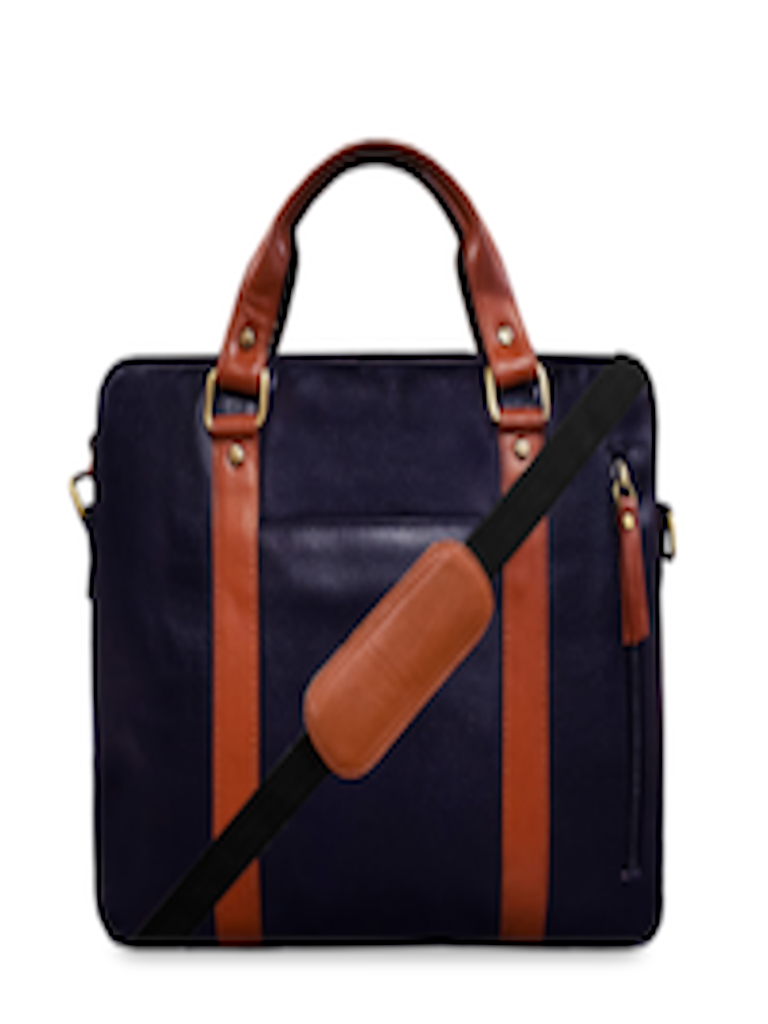 Buy ABYS Unisex Navy Blue & Tan Colorblocked 14 Inch Leather Laptop Bag ...