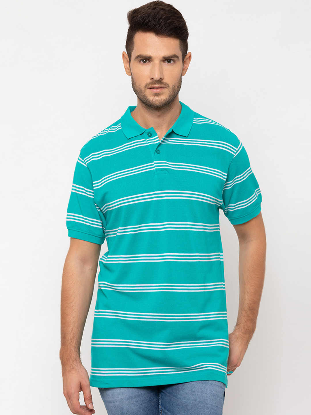 Men's Green Striped Polo Collar Classic T-Shirt