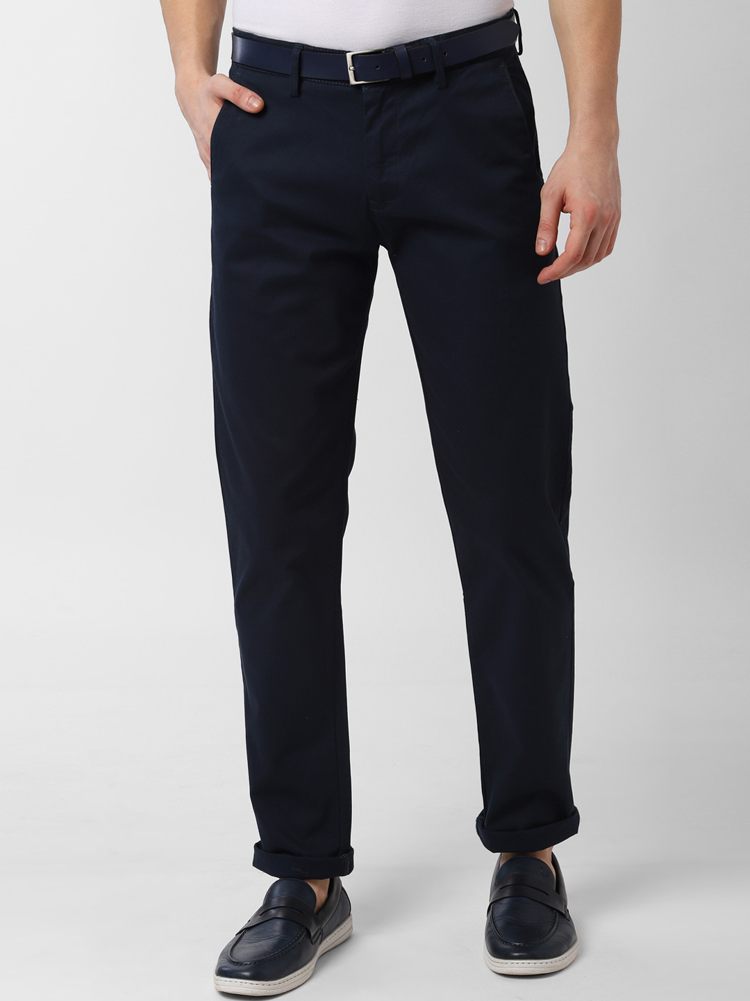 Buy Peter England Casuals Men Navy Blue Slim Fit Solid Regular Trousers