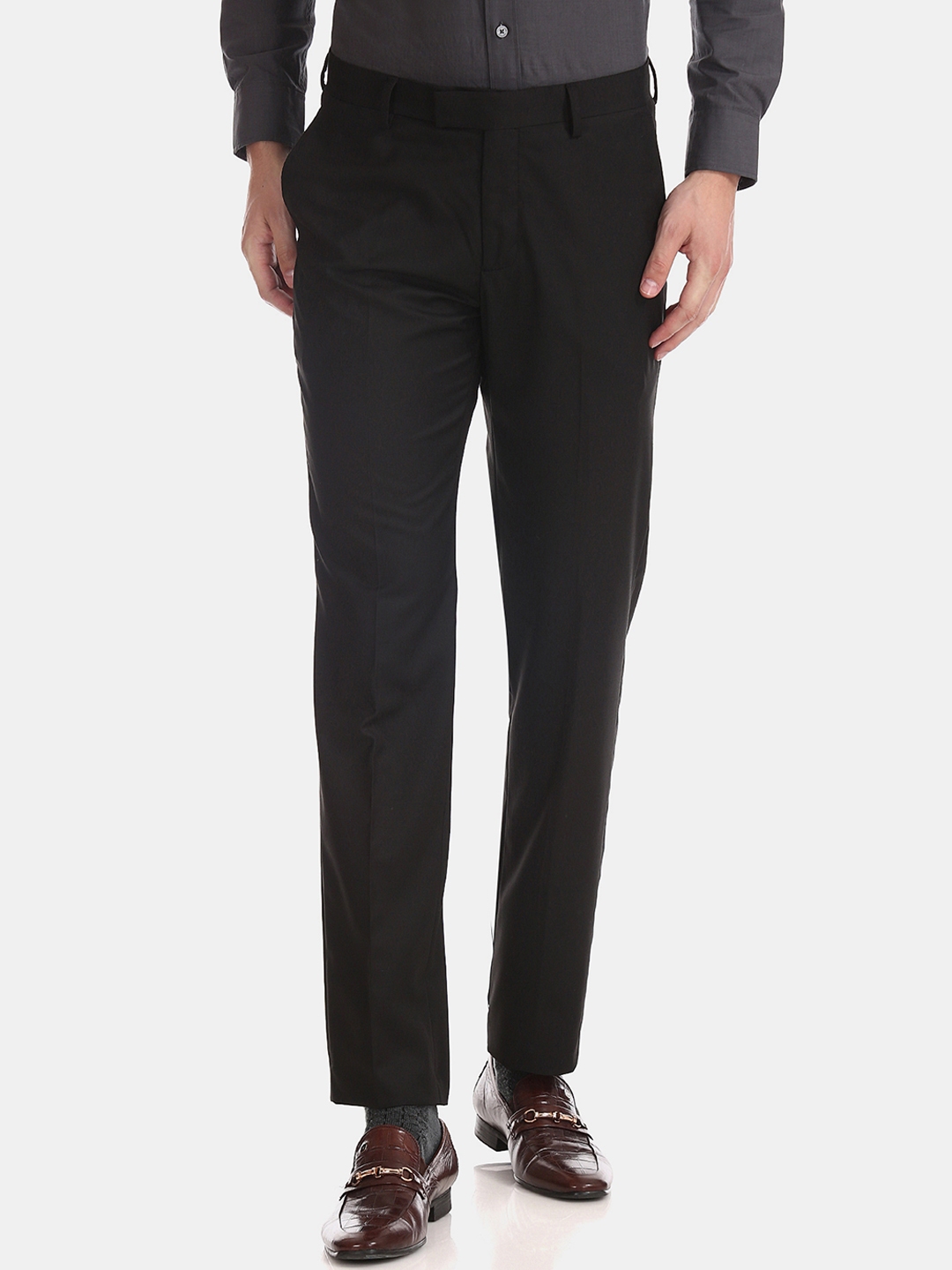 Buy U.S. Polo Assn. Men Black Regular Fit Solid Formal Trousers ...