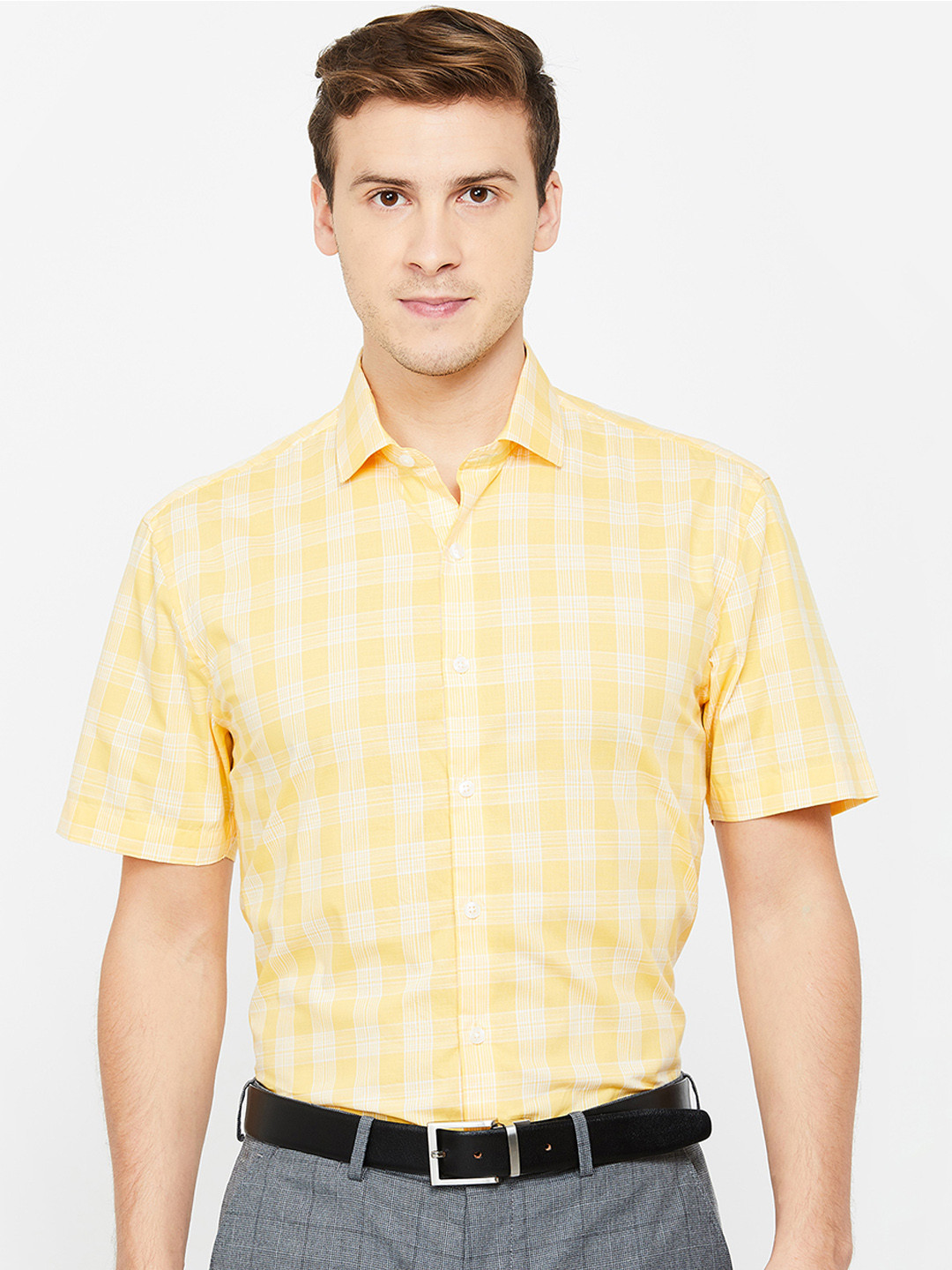 Buy CODE By Lifestyle Men Yellow & White Regular Fit Formal Casual