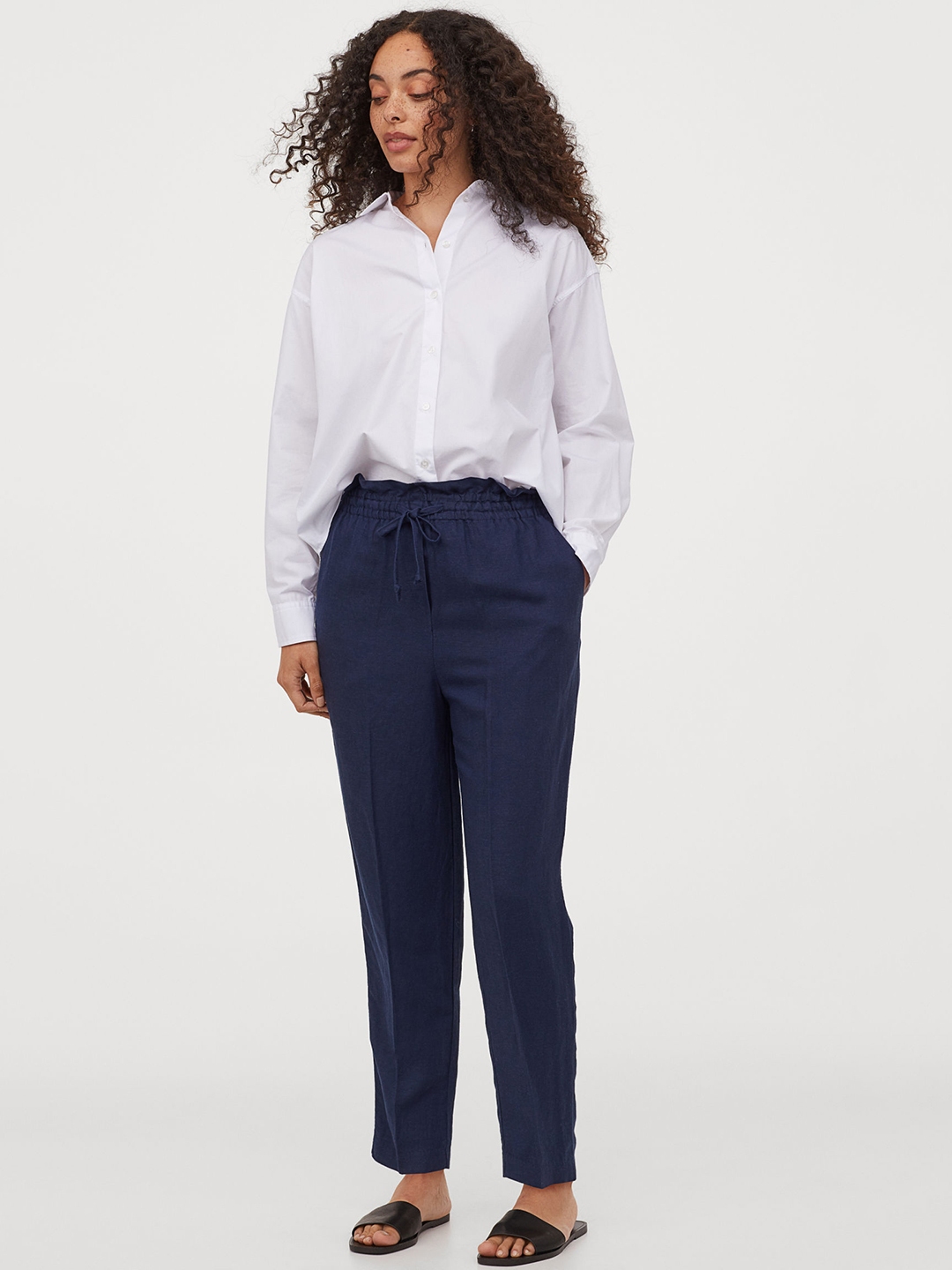 navy blue pull on trousers