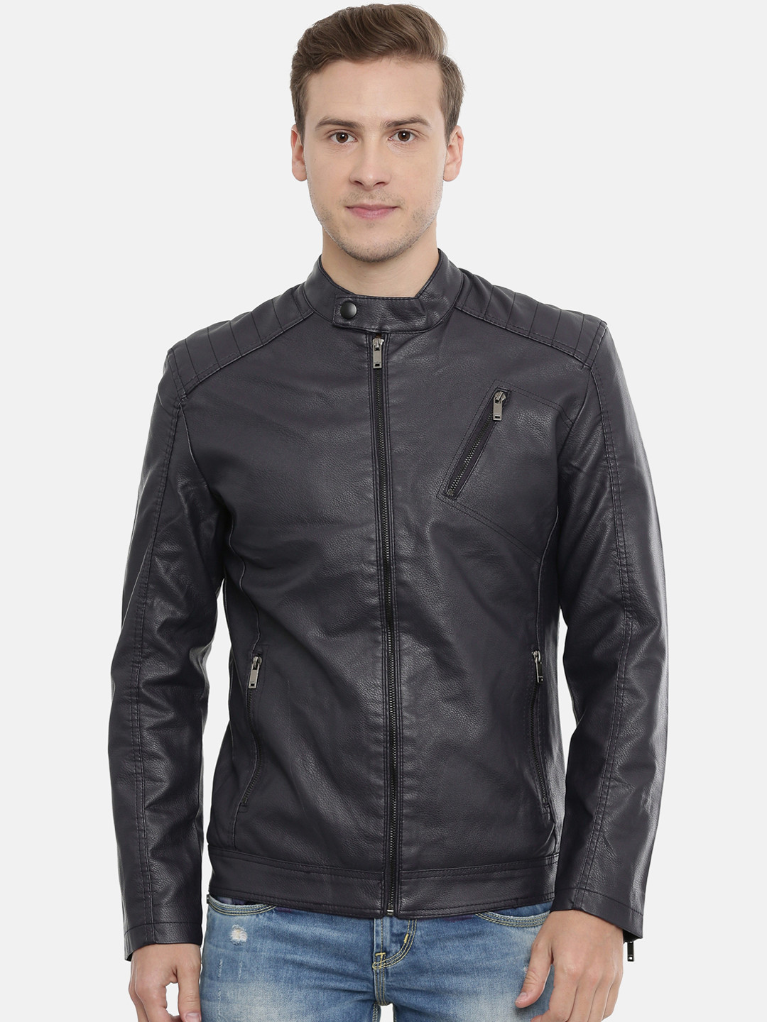 Buy SHOWOFF Men Navy Blue Solid Water Resistant Leather Jacket