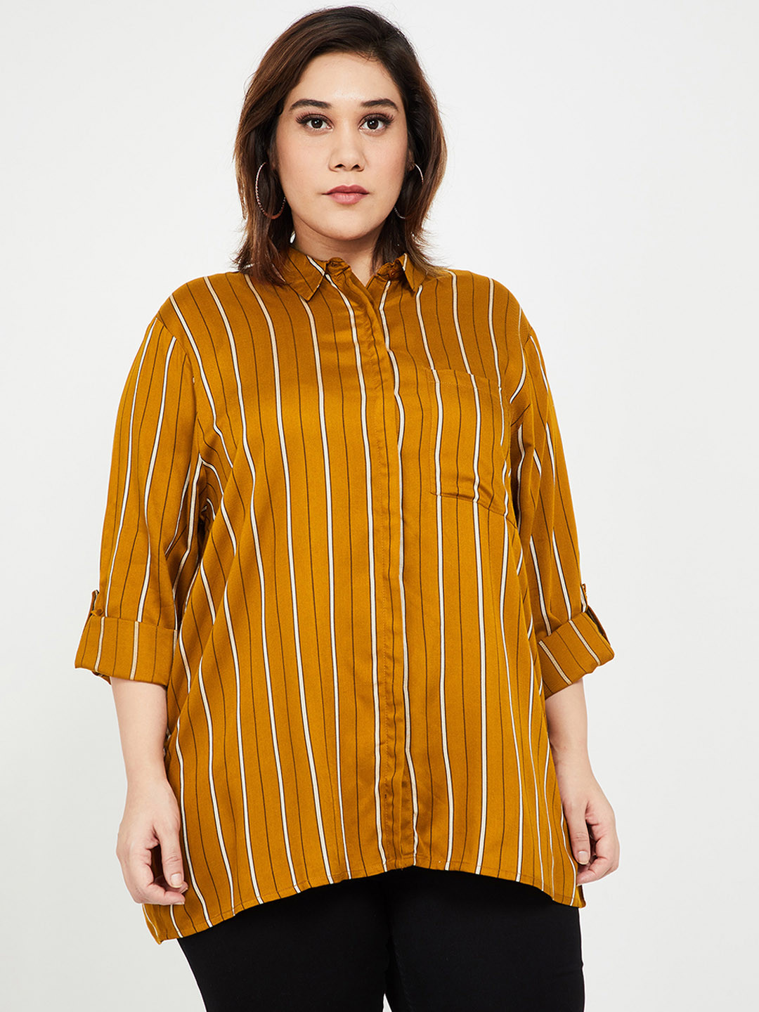 Buy Nexus Plus Size Women Mustard Yellow Striped Shirt Style Top Tops