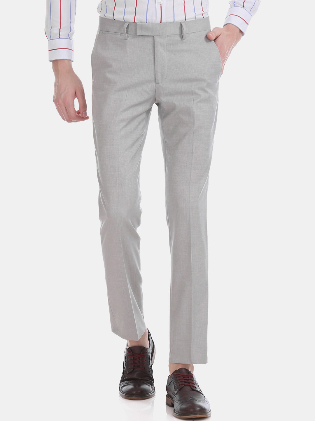 Buy U.S. Polo Assn. Men Grey Slim Fit Self Design Regular Trousers ...