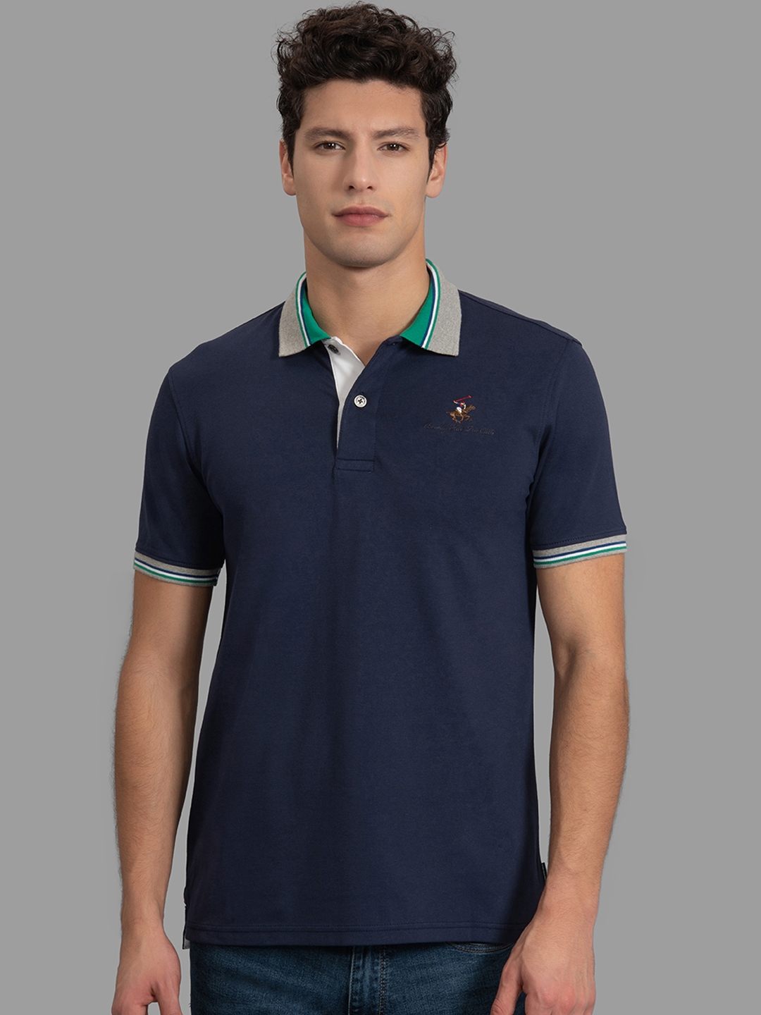 Buy Beverly Hills Polo Club Men Navy Blue Solid Polo Collar T Shirt ...