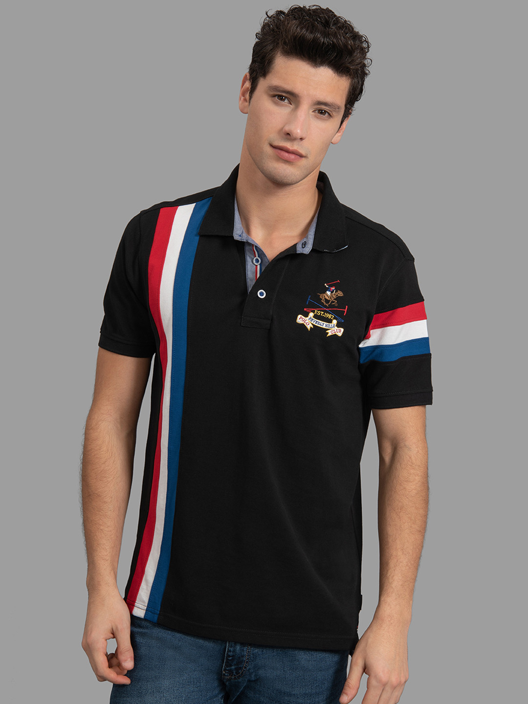 Buy Beverly Hills Polo Club Men Black Striped Polo Collar T Shirt - Tshirts for Men 12119186 