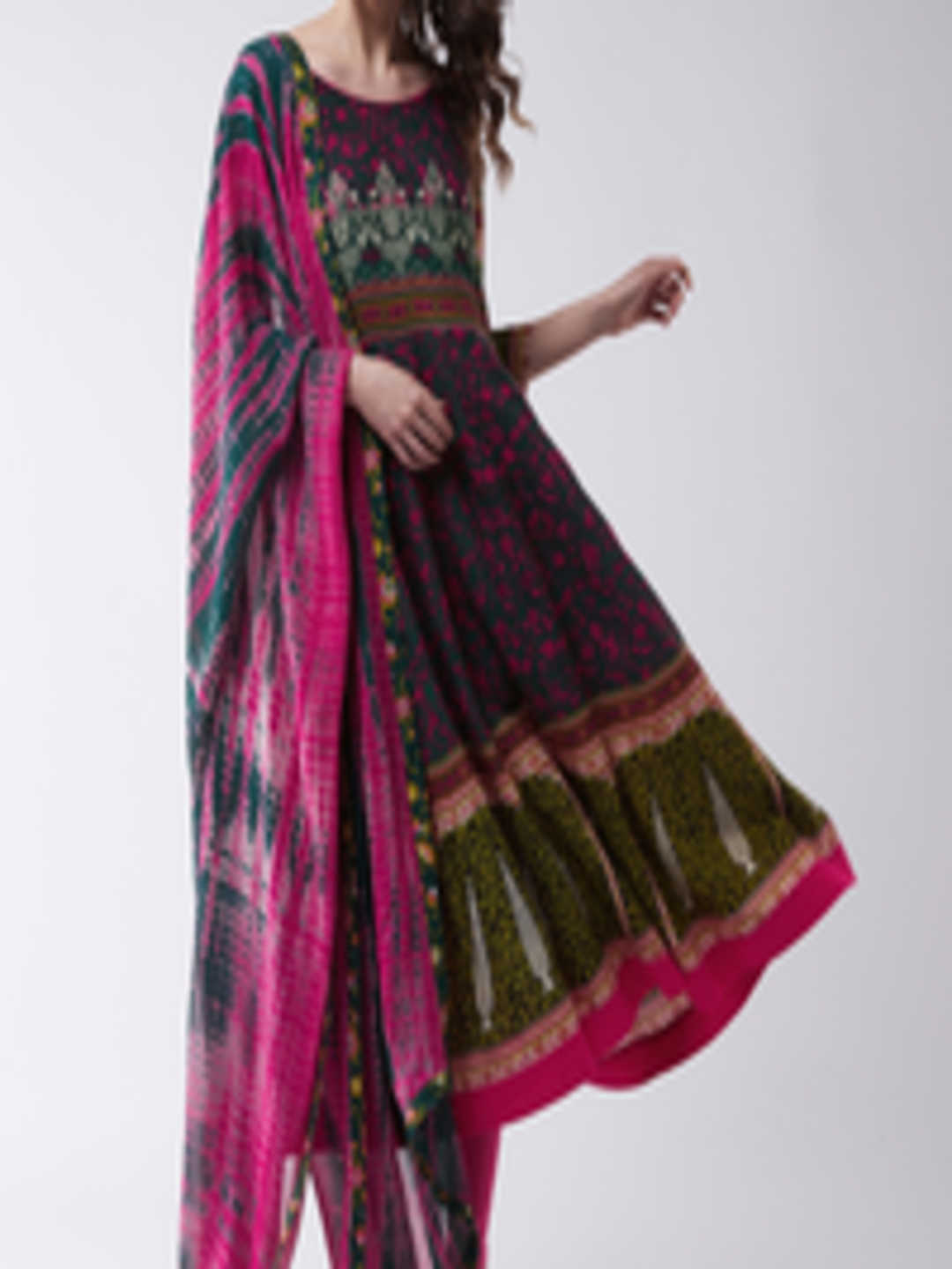 Buy Pannkh Women Green & Pink Printed Anarkali Kurta With Tie Dye ...