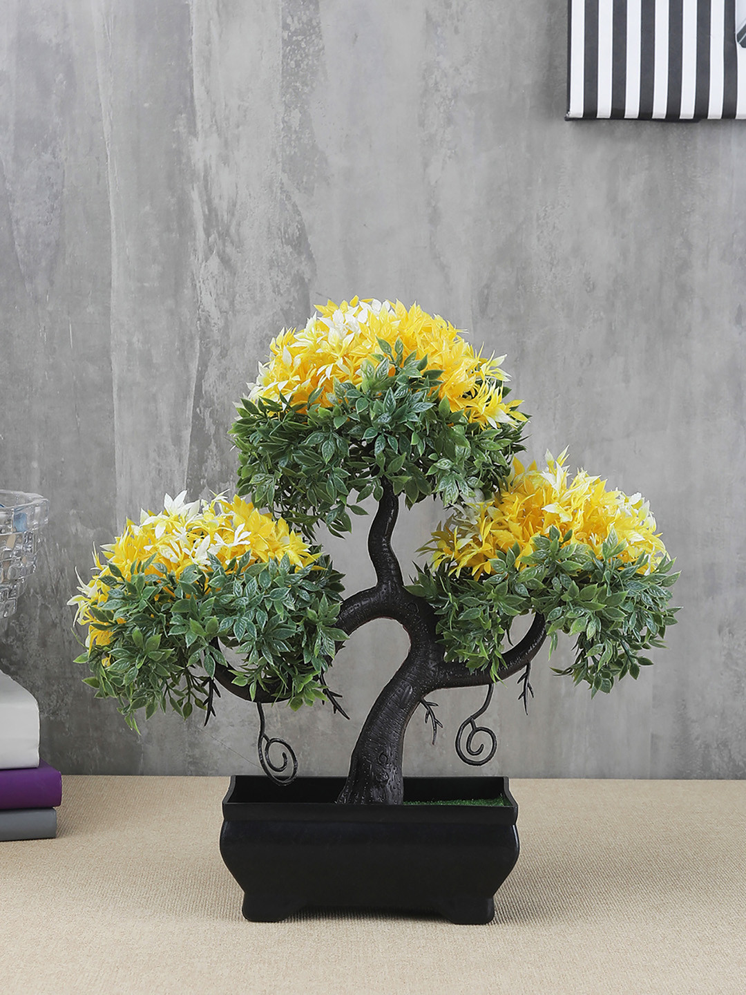 Buy FOLIYAJ Green & Yellow Artificial Bonsai Tree With Leaves & Black