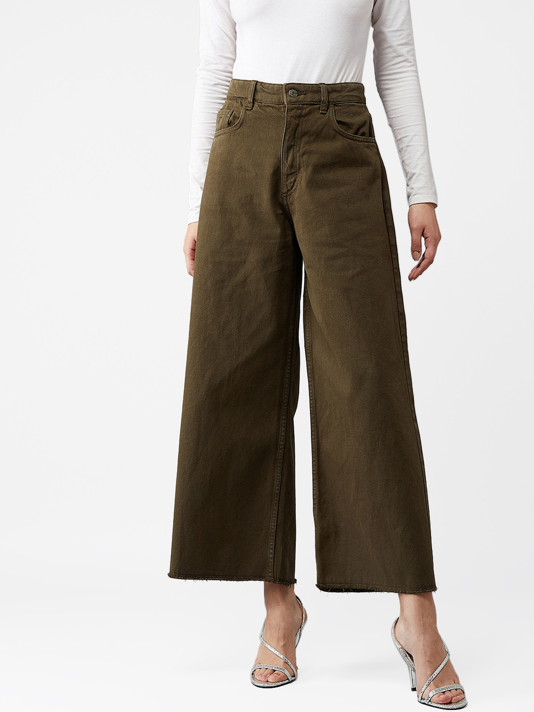 Buy Kotty Women Olive Green Wide Leg High Rise Clean Look Jeans Jeans