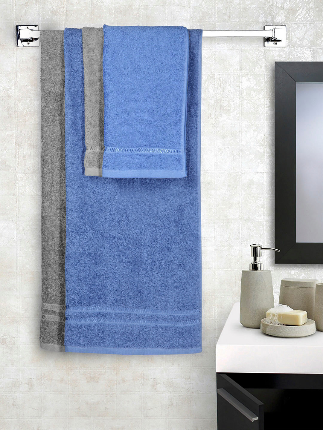 Buy SPACES Unisex Blue & Grey Solid Pack Of 2 Bath Towels & Hand Towels