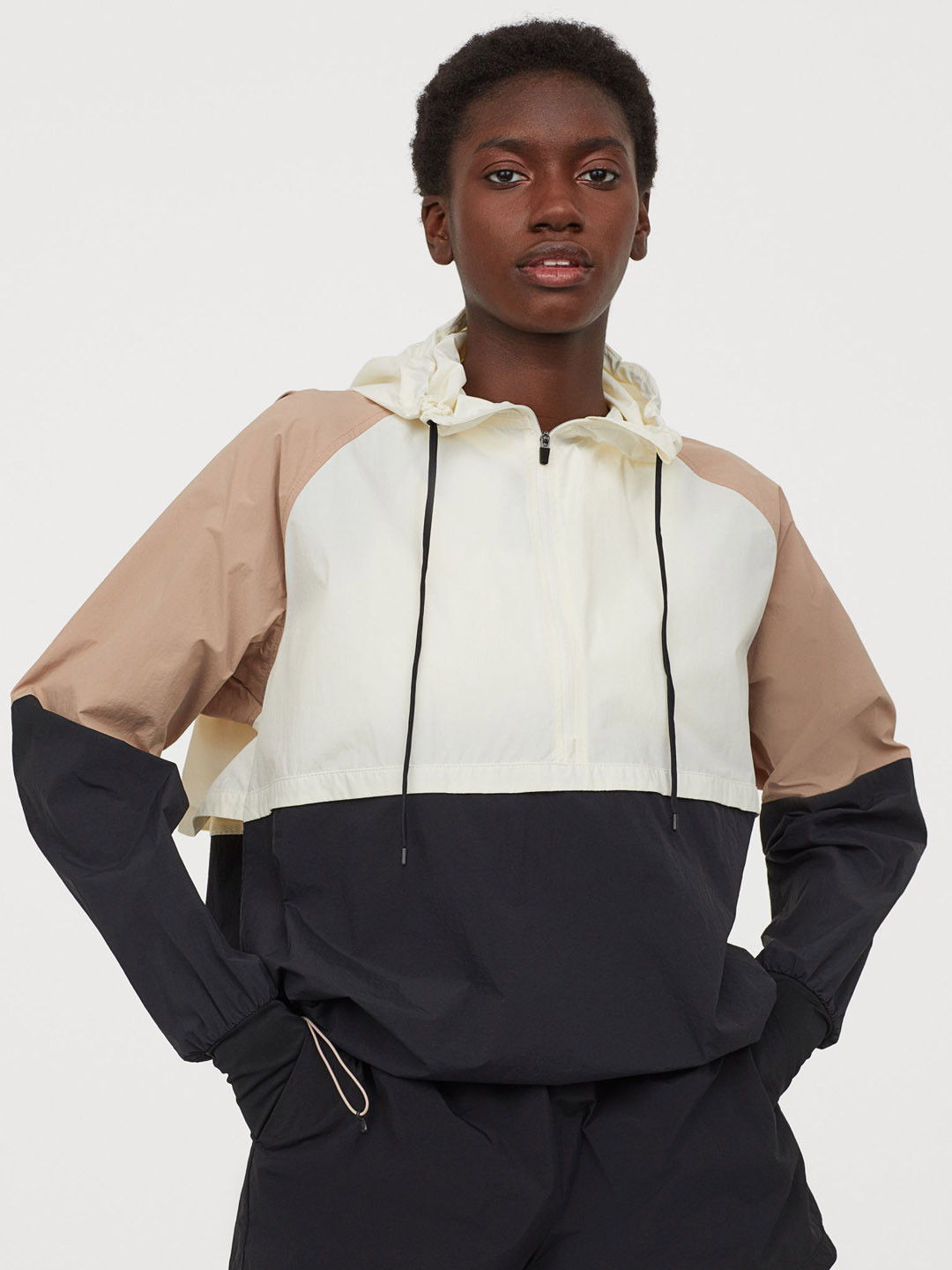 Buy H&M Women White & Black Colourblocked Nylon Sports Popover Jacket