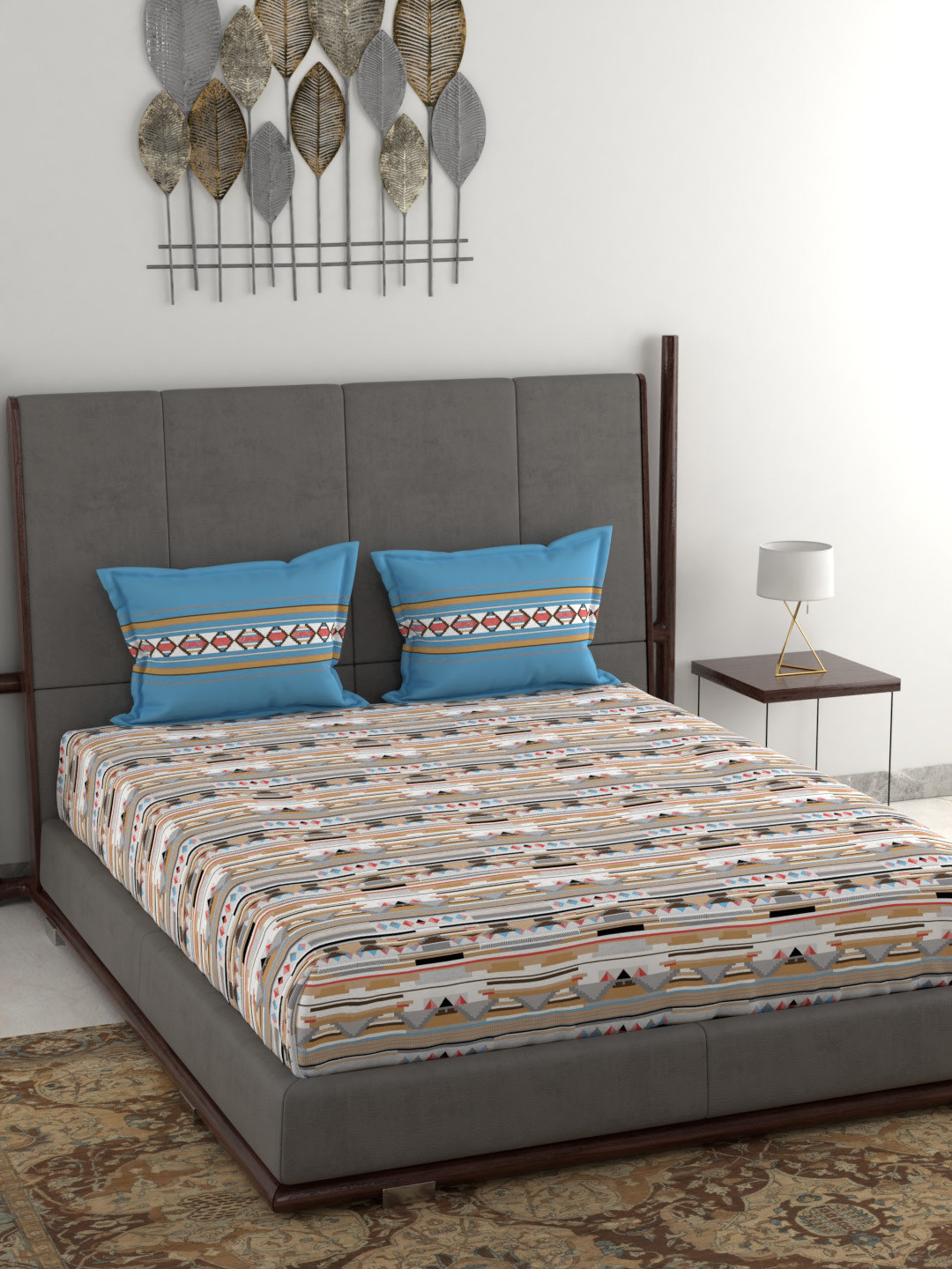 Buy MYTRIDENT Beige Blue Graphic 144 TC Cotton 1 King Bedsheet With 2 Pillow Covers Bedsheets