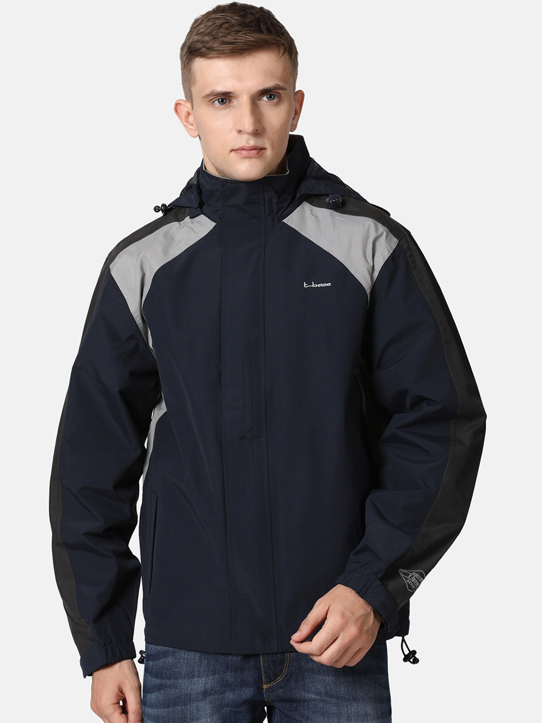 Buy T Base Men Navy Blue & Grey Colourblocked Waterproof Rain Jacket