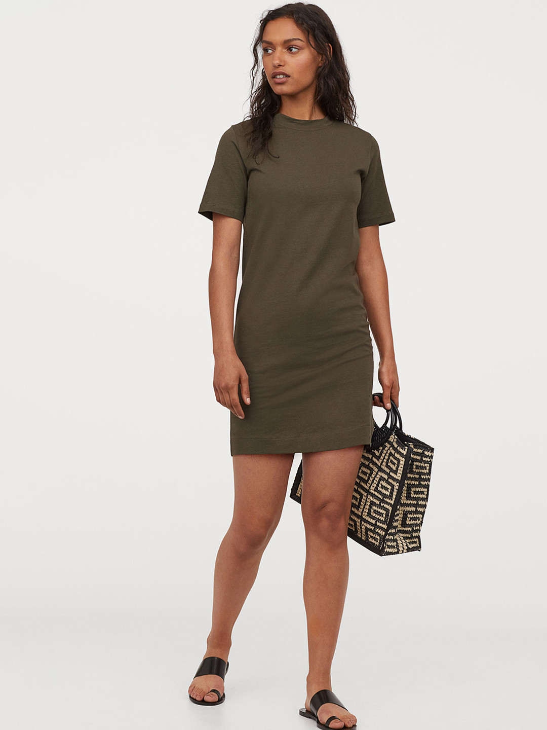 Buy H&M Women Olive Green Solid Cotton T Shirt Dress Dresses for