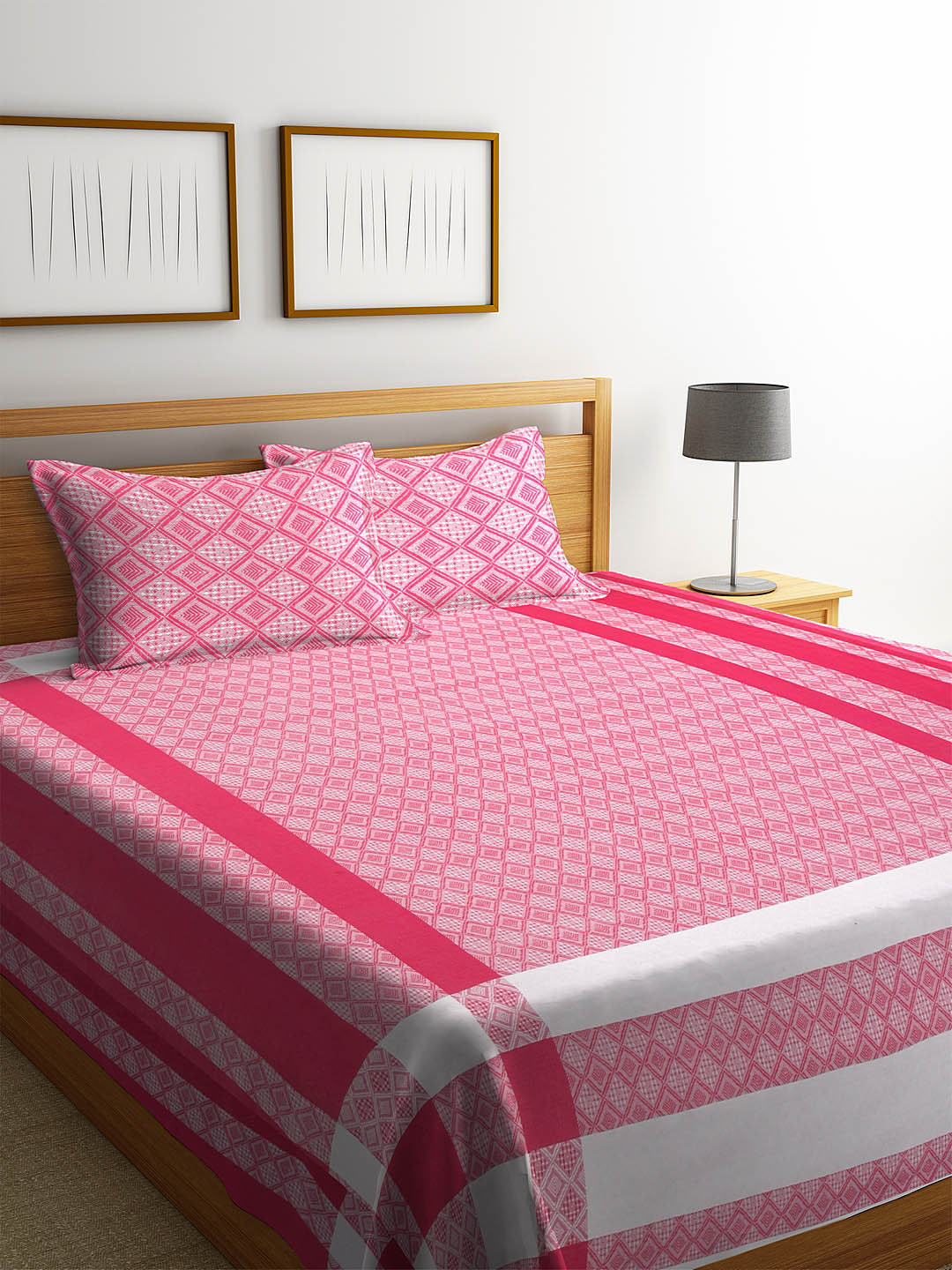 Buy KLOTTHE Pink & White Woven Design Double Bed Cover With 2 Pillow