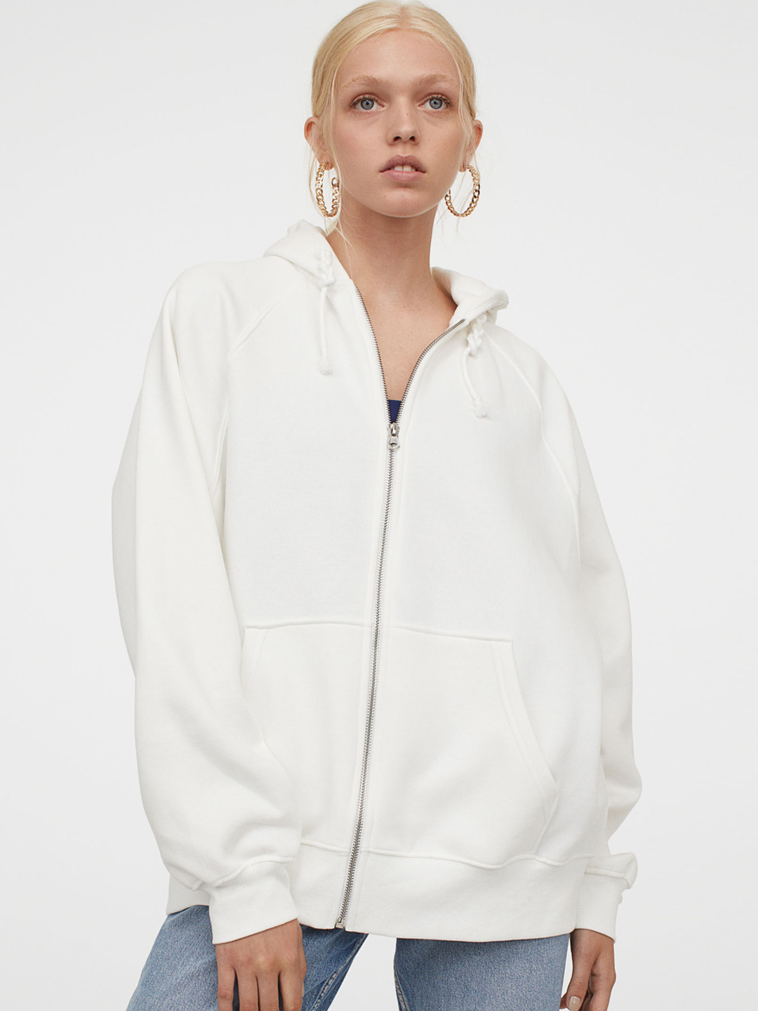 Buy H&M Women White Solid Oversized Zip Through H\Hoodie - Sweatshirts