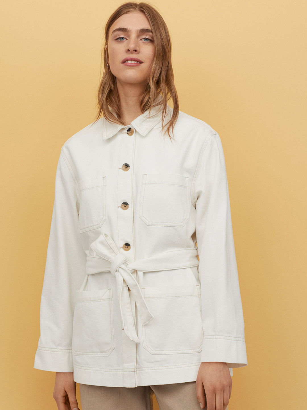 Buy H&M Women Off White Solid Tie Belt Utility Jacket Jackets for