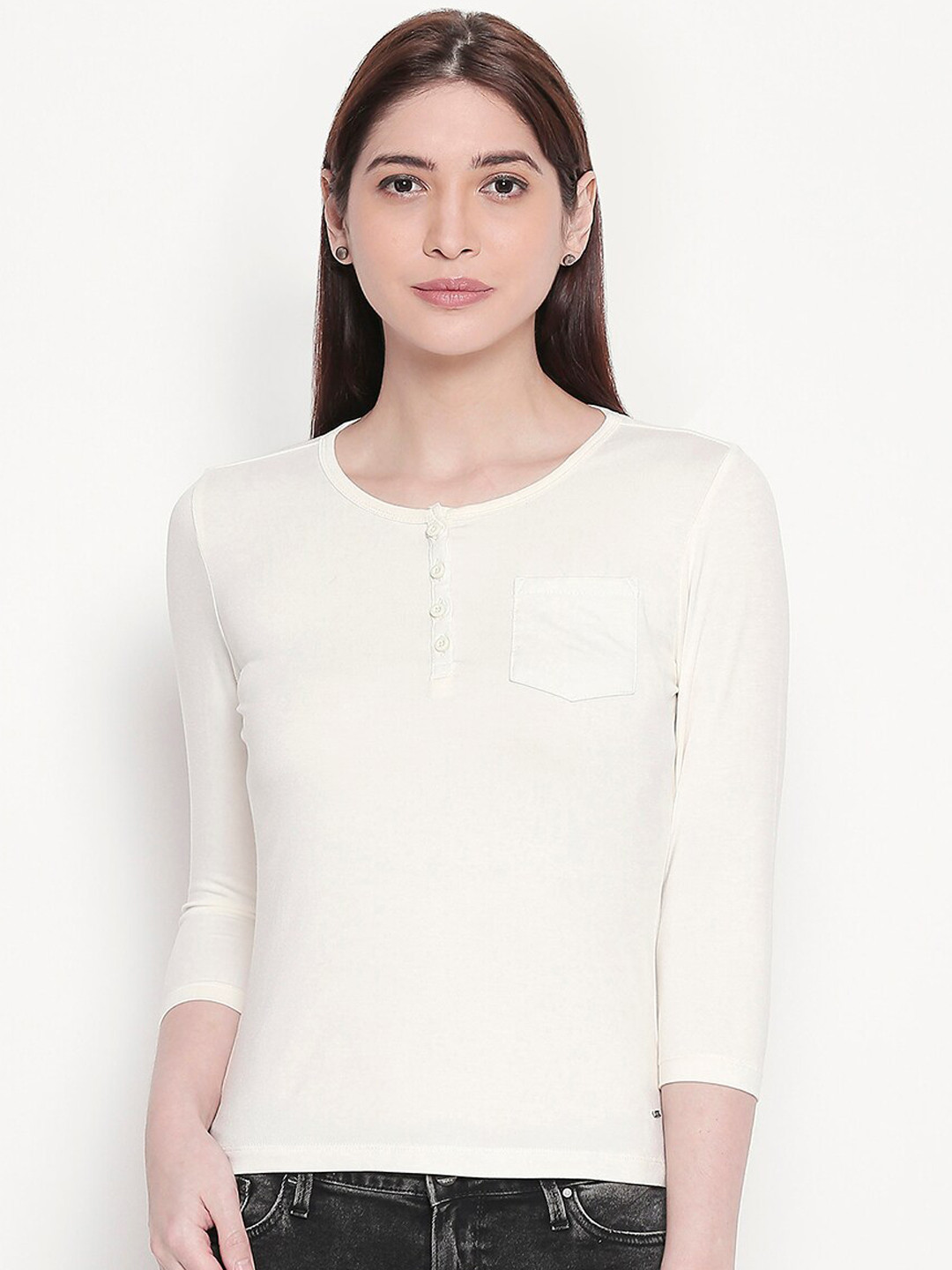 Buy SPYKAR Women Cream Coloured Solid Henley Neck T Shirt Tshirts for