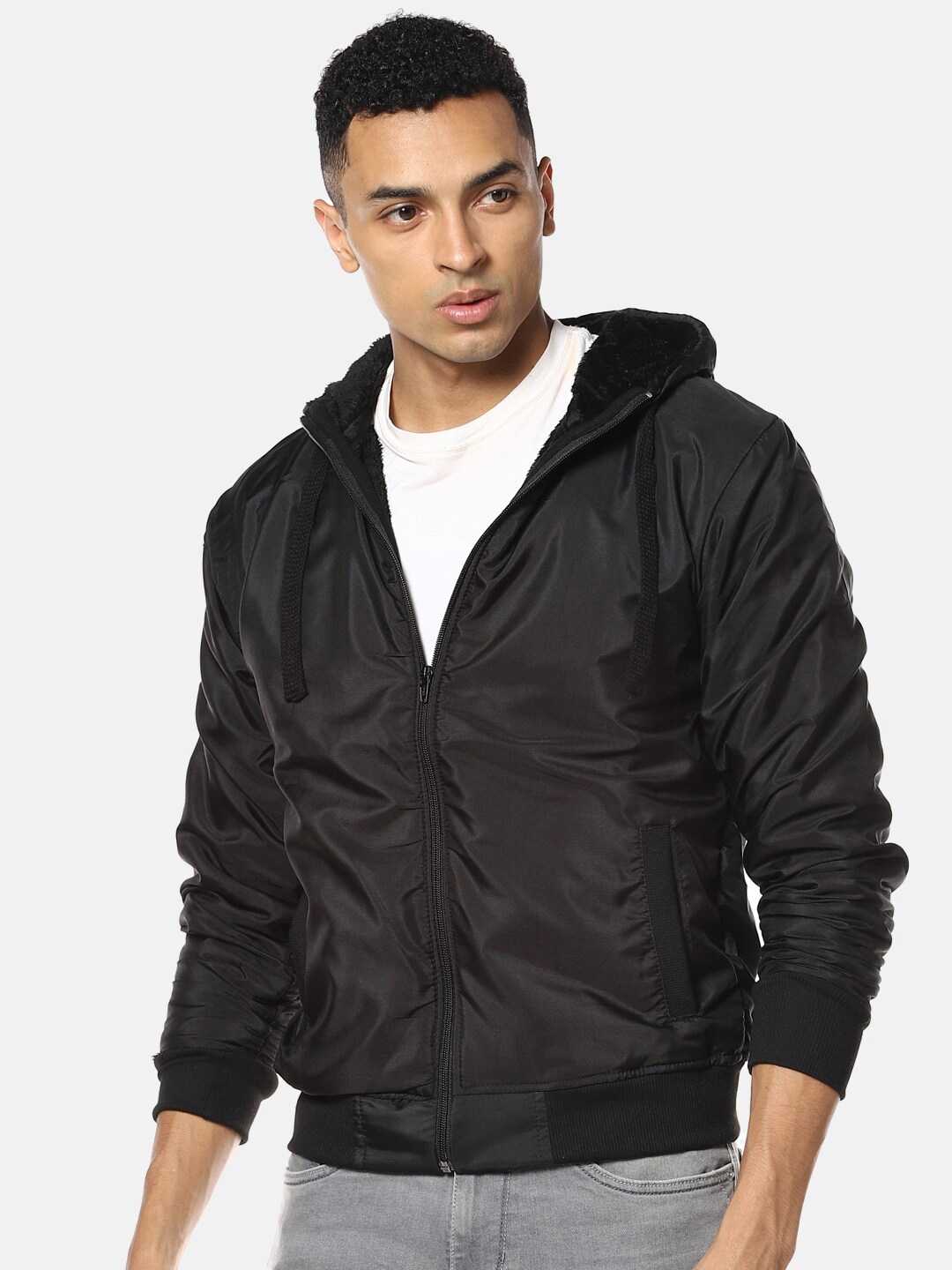 Buy Campus Sutra Men Black Solid Windcheater Hooded Bomber - Jackets ...