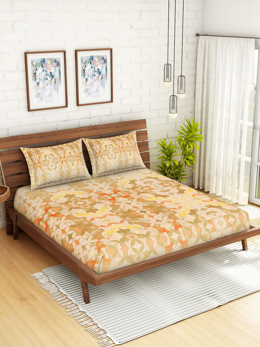 Buy SPACES Beige Floral 210 TC Cotton 1 King Bedsheet With 2 Pillow