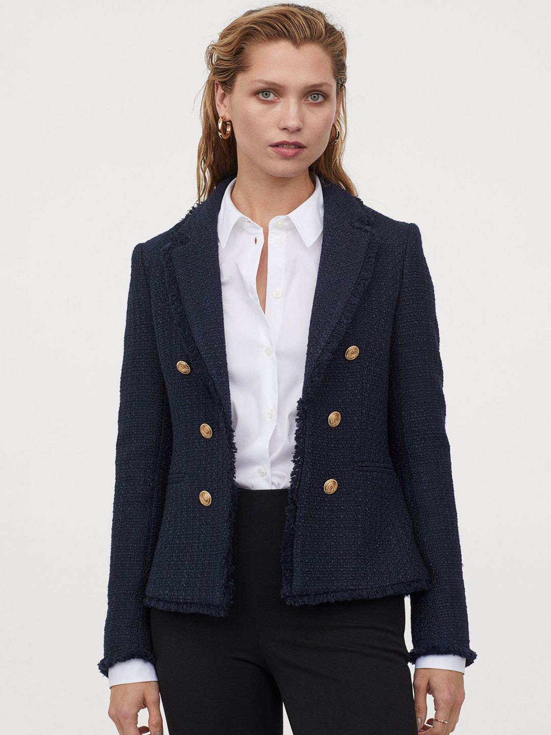 Buy H&M Women Blue Textured Wool Blend Jacket Blazers for Women