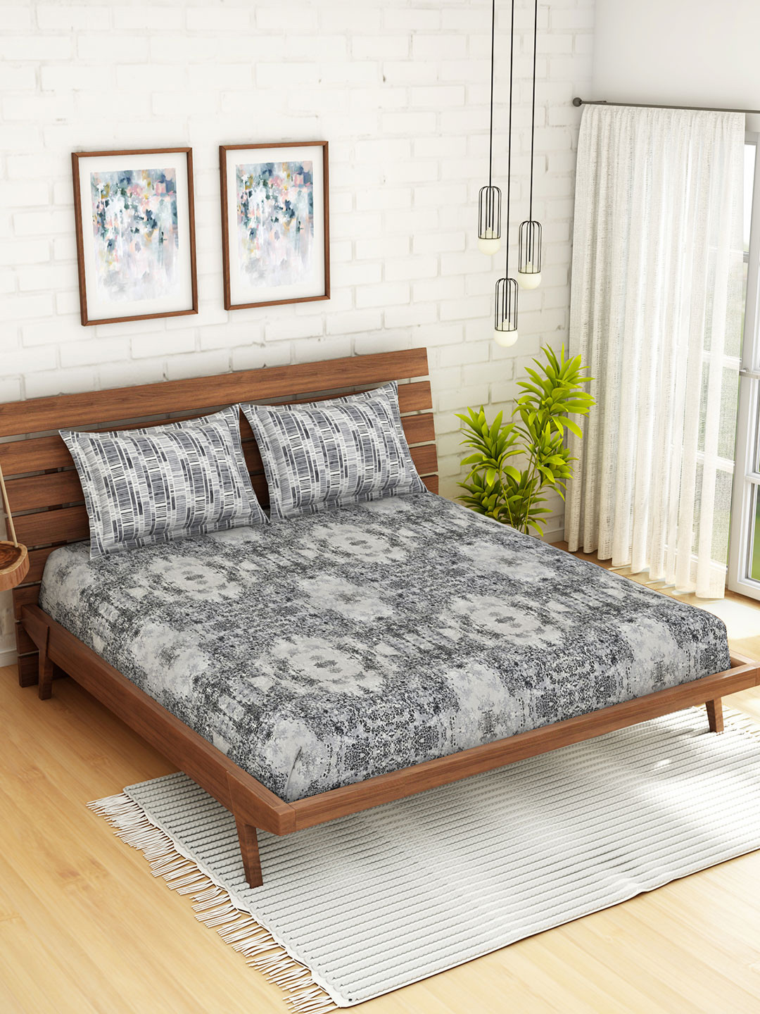 Buy SPACES Grey Abstract 210 TC Cotton 1 King Bedsheet With 2 Pillow