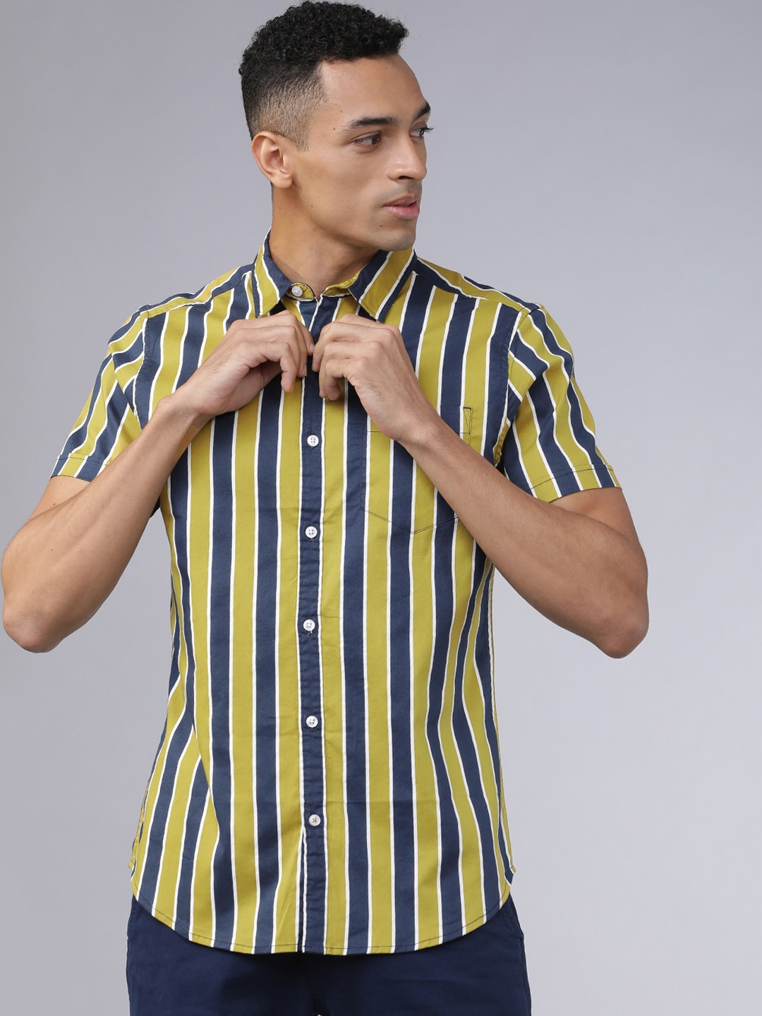 navy blue and mustard yellow outfit