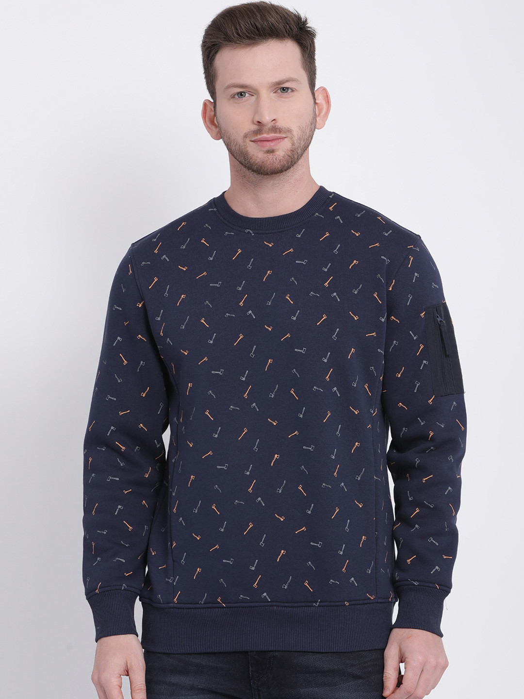 Buy T Base Men Navy Blue & Yellow Printed Sweatshirt Sweatshirts for