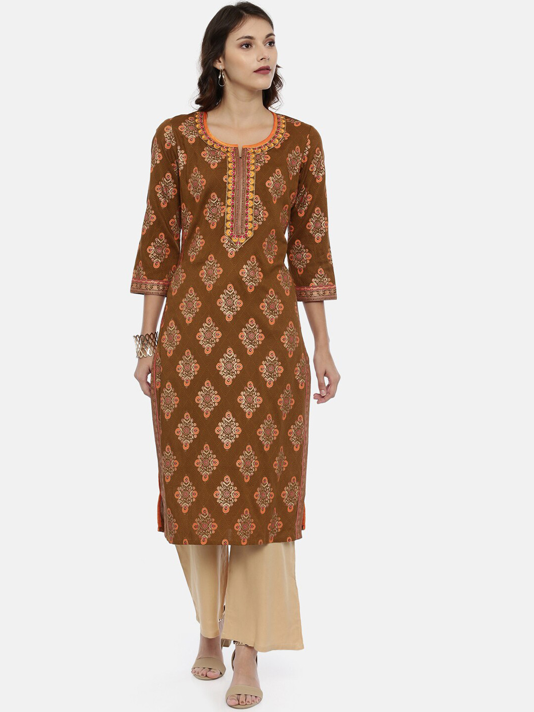 Buy Souchii Women Brown & Mustard Printed Straight Kurta Kurtas for