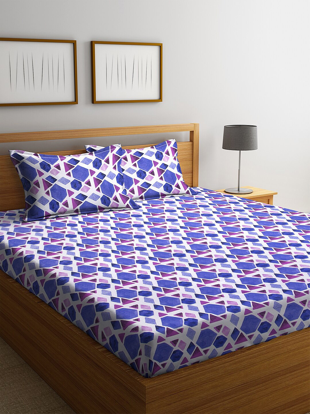 Buy BOMBAY DYEING Blue & Purple Geometric 144 TC Cotton 1 Queen Bedsheet With 2 Pillow Covers