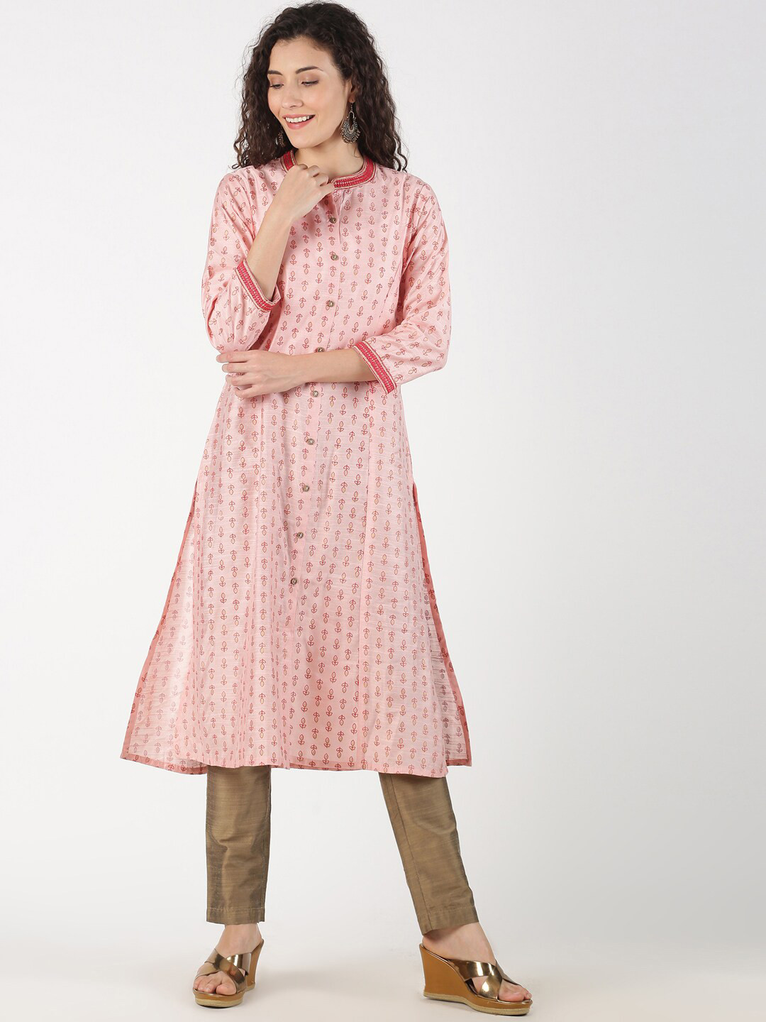 Buy Saffron Threads Women Pink Printed Straight Kurta Kurtas for
