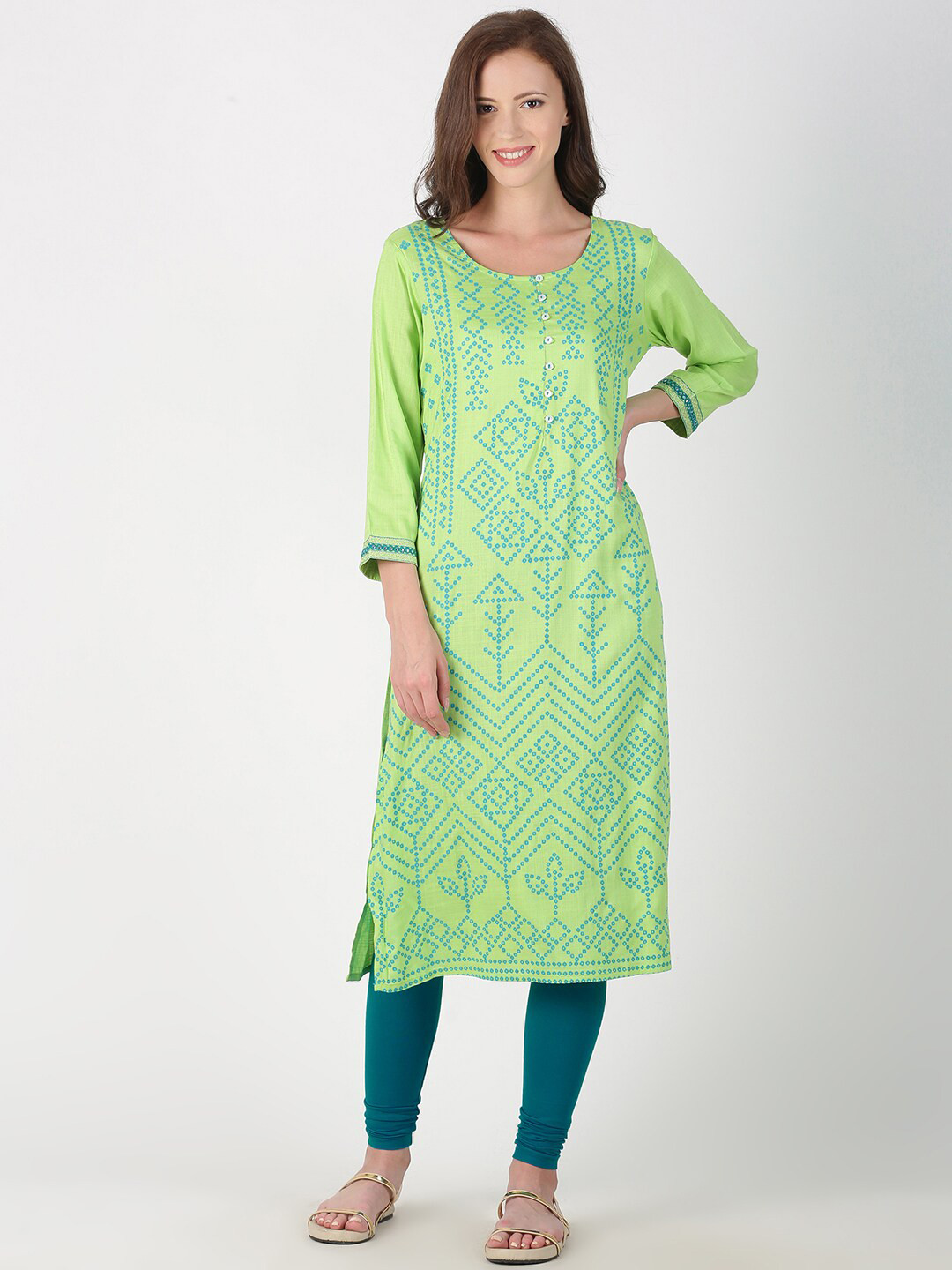 Buy Saffron Threads Women Lime Green Bandhani Print Straight Kurta
