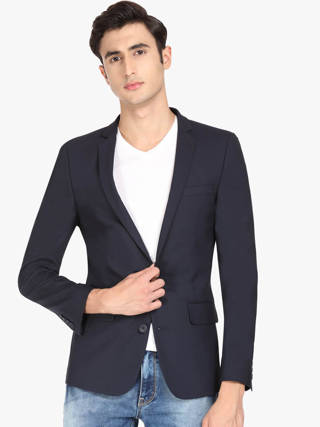 Buy Theme Men Navy Blue Solid Slim Fit Single Breasted Casual Blazer