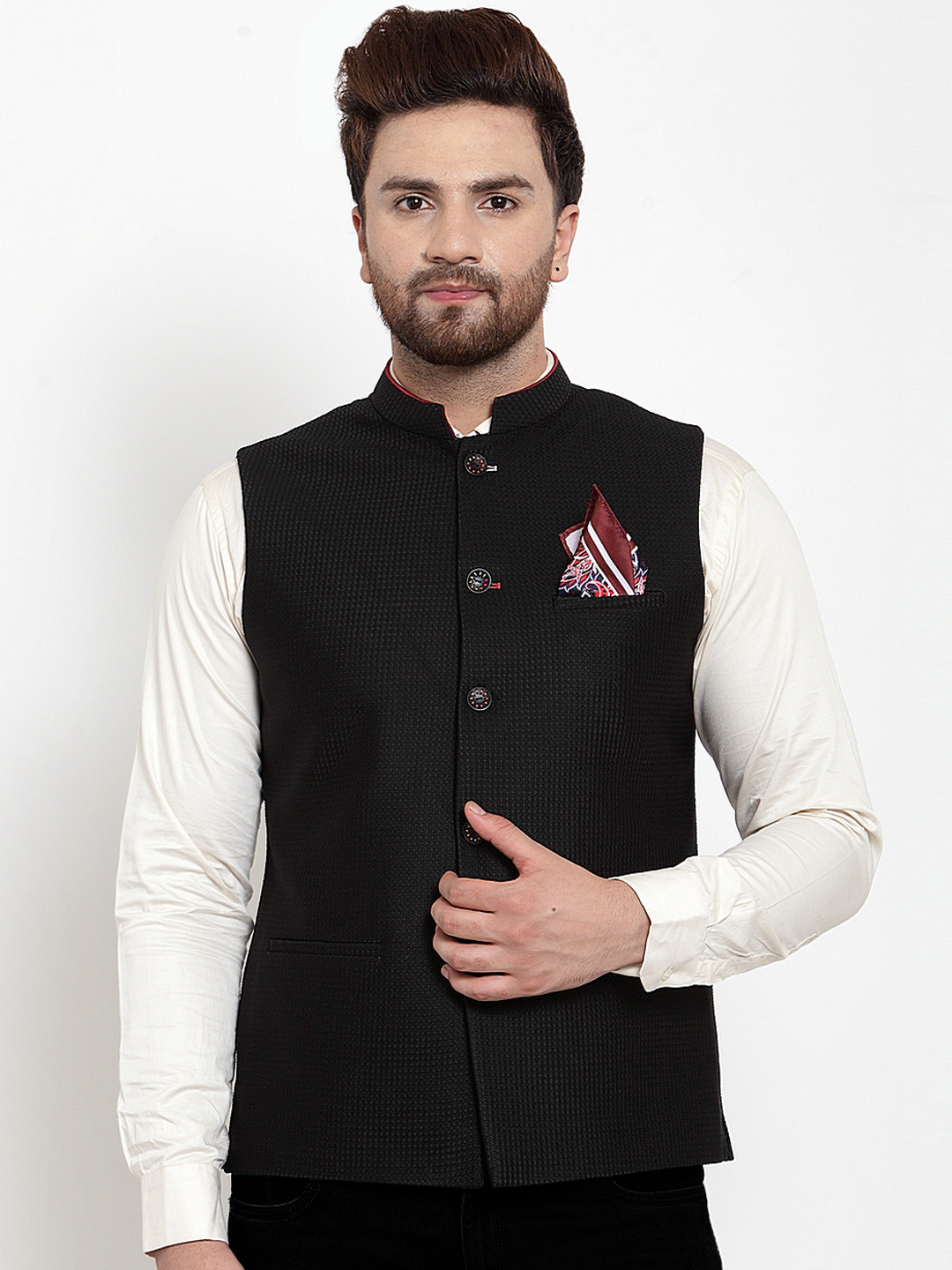 Buy MAXENCE Men Black Solid Slim Fit Nehru Jacket With Pocket Square
