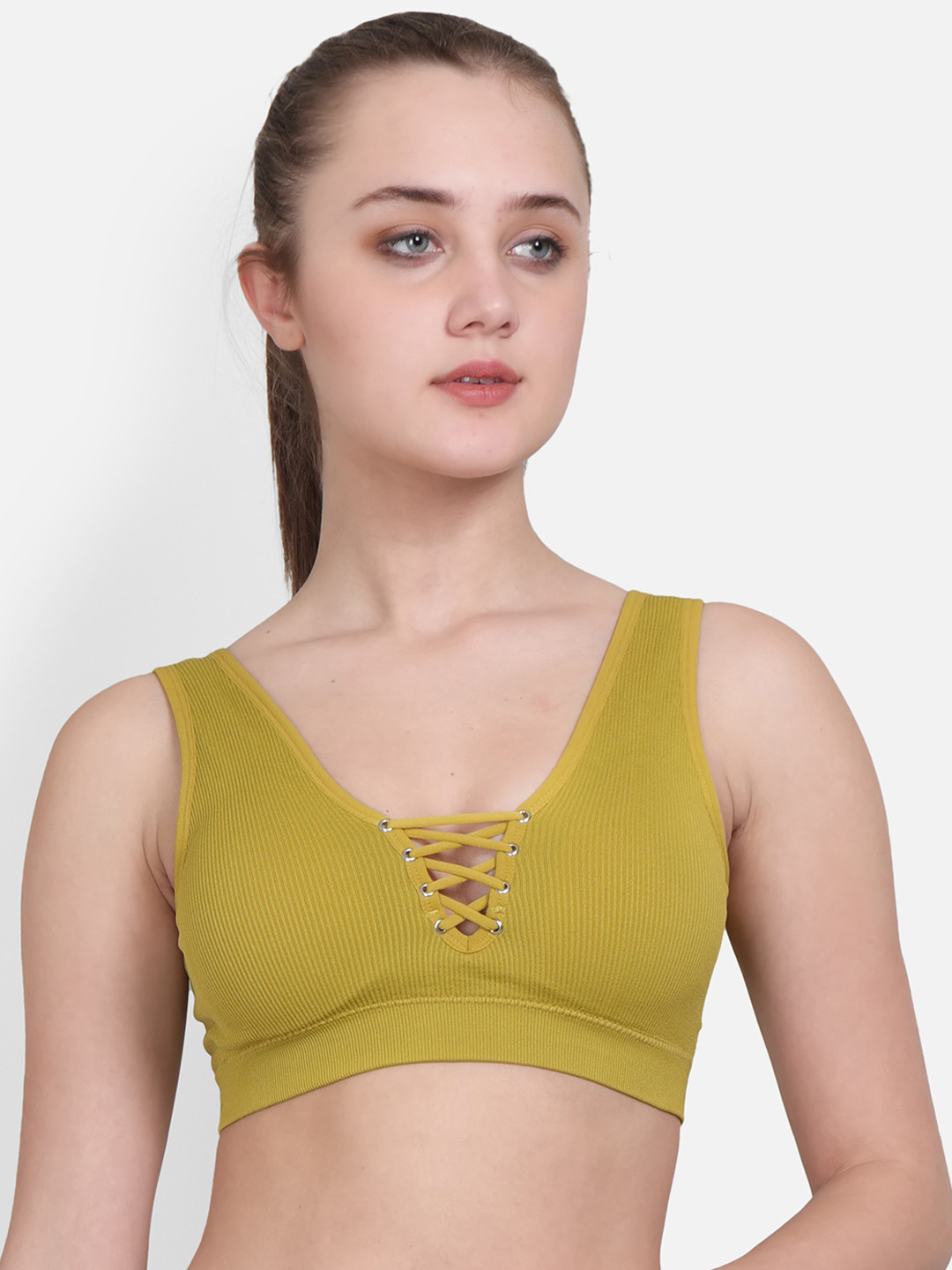Buy Lebami Mustard Yellow Solid Non Wired Lightly Padded Sports Bra