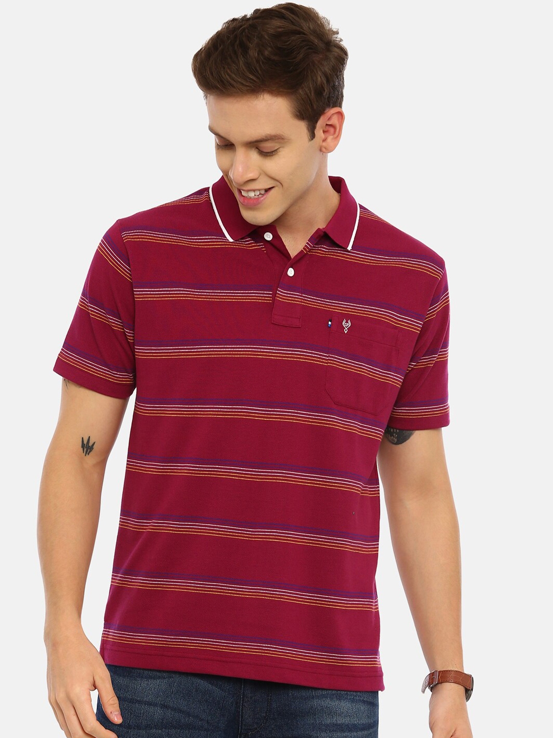 Buy Classic Polo Men Maroon & Blue Striped Slim Fit Polo Collar T Shirt ...