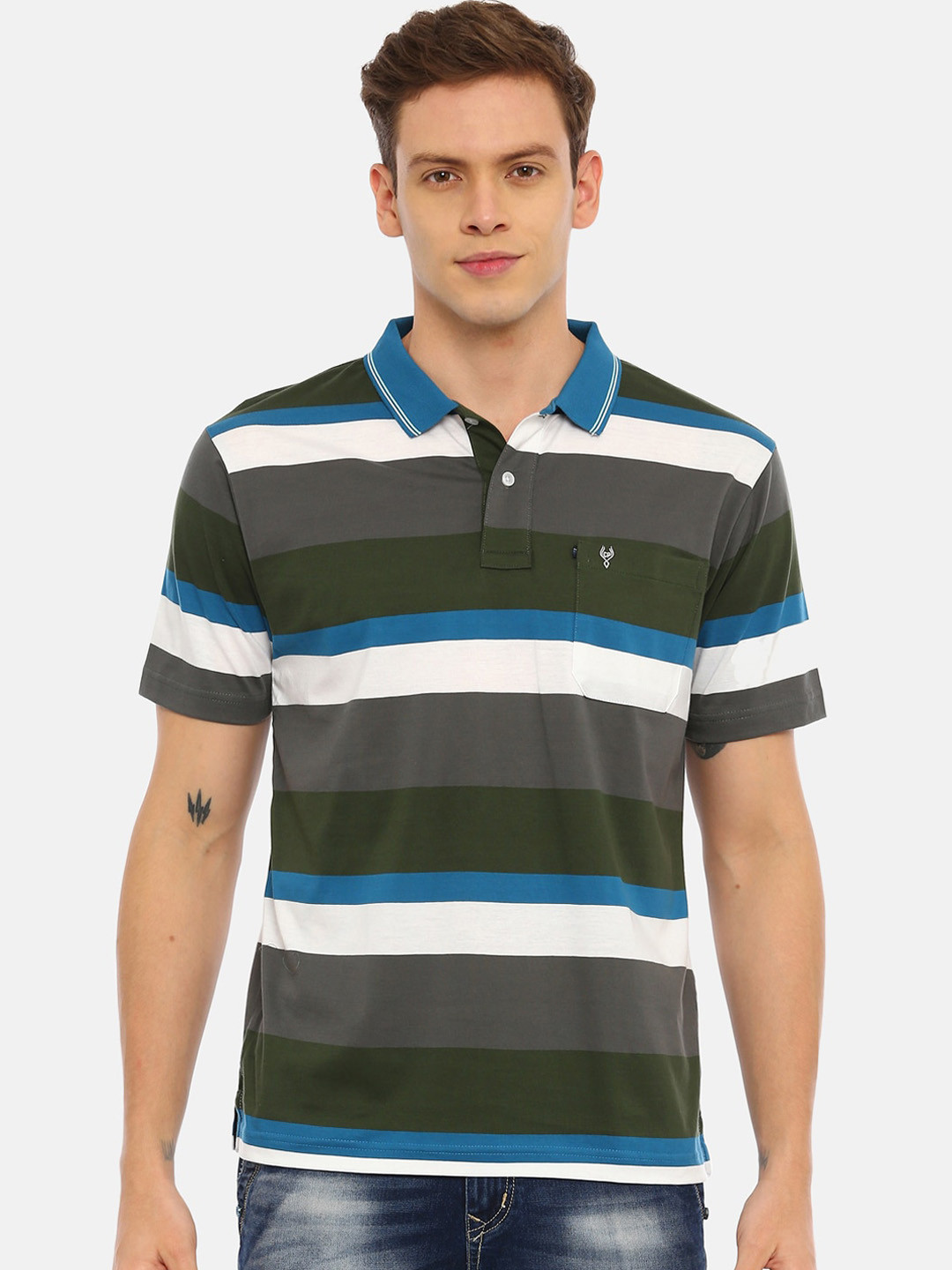 Buy Classic Polo Men Grey Striped Polo Collar T Shirt Tshirts for Men
